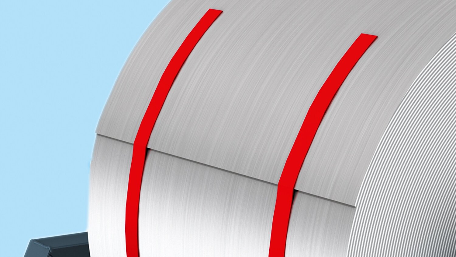 tesa-metal-coil-end-tabbing-illustration Close-up of a large roll of brushed metal with a smooth texture and a silver appearance. Two parallel red lines run vertically across the surface. The background is light blue, and part of a dark-colored holder is visible at the bottom, showcasing how tesa tape enhances both functionality and elegance. (This text has been generated by AI)
