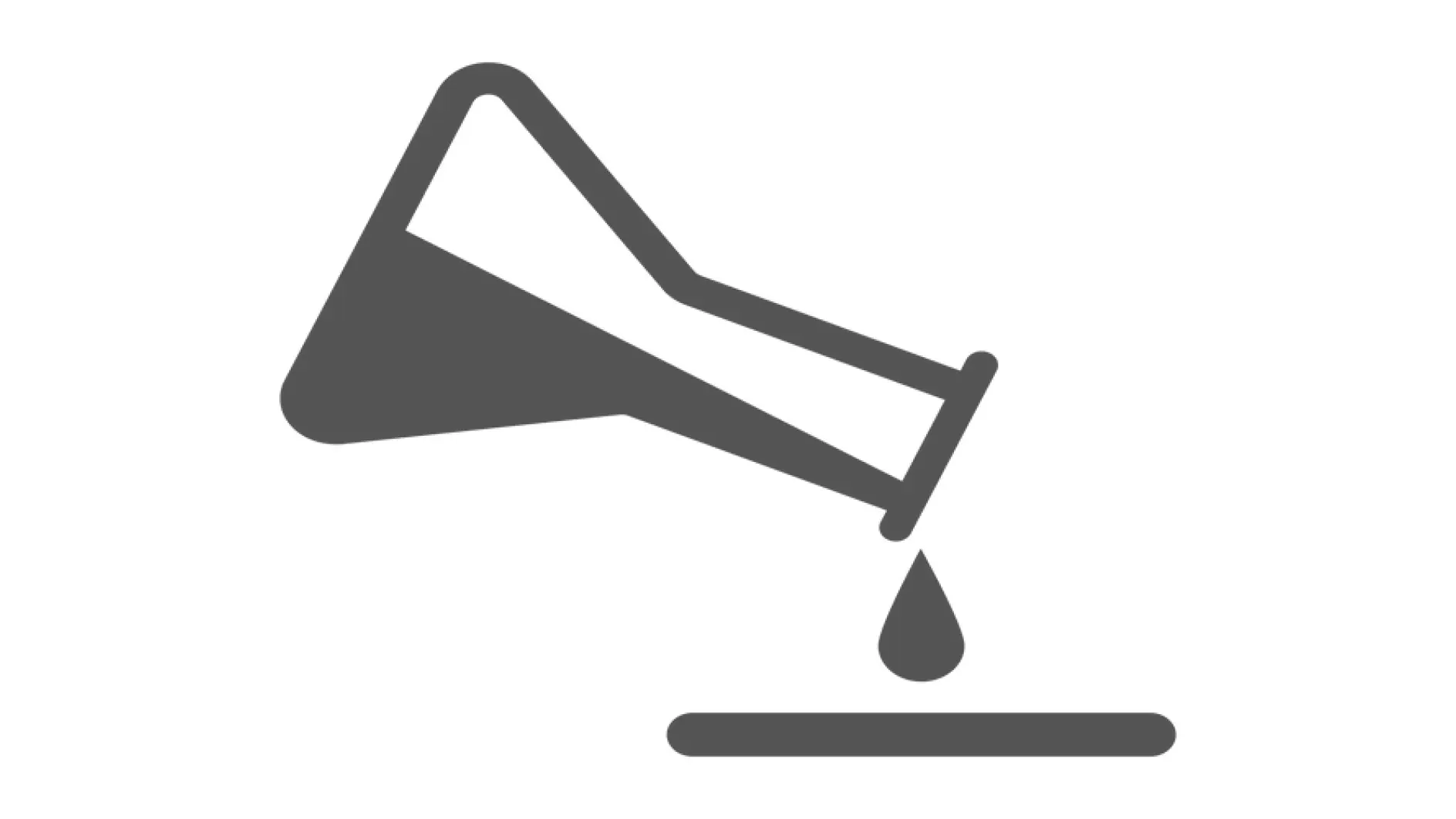 Silhouette of a tilted laboratory flask with liquid pouring out, forming a droplet at the tip. The flask is positioned over a flat surface, indicating potential chemical interaction. A strip of tesa tape secures the flask in place to prevent any movement during experimentation. (This text has been generated by AI)