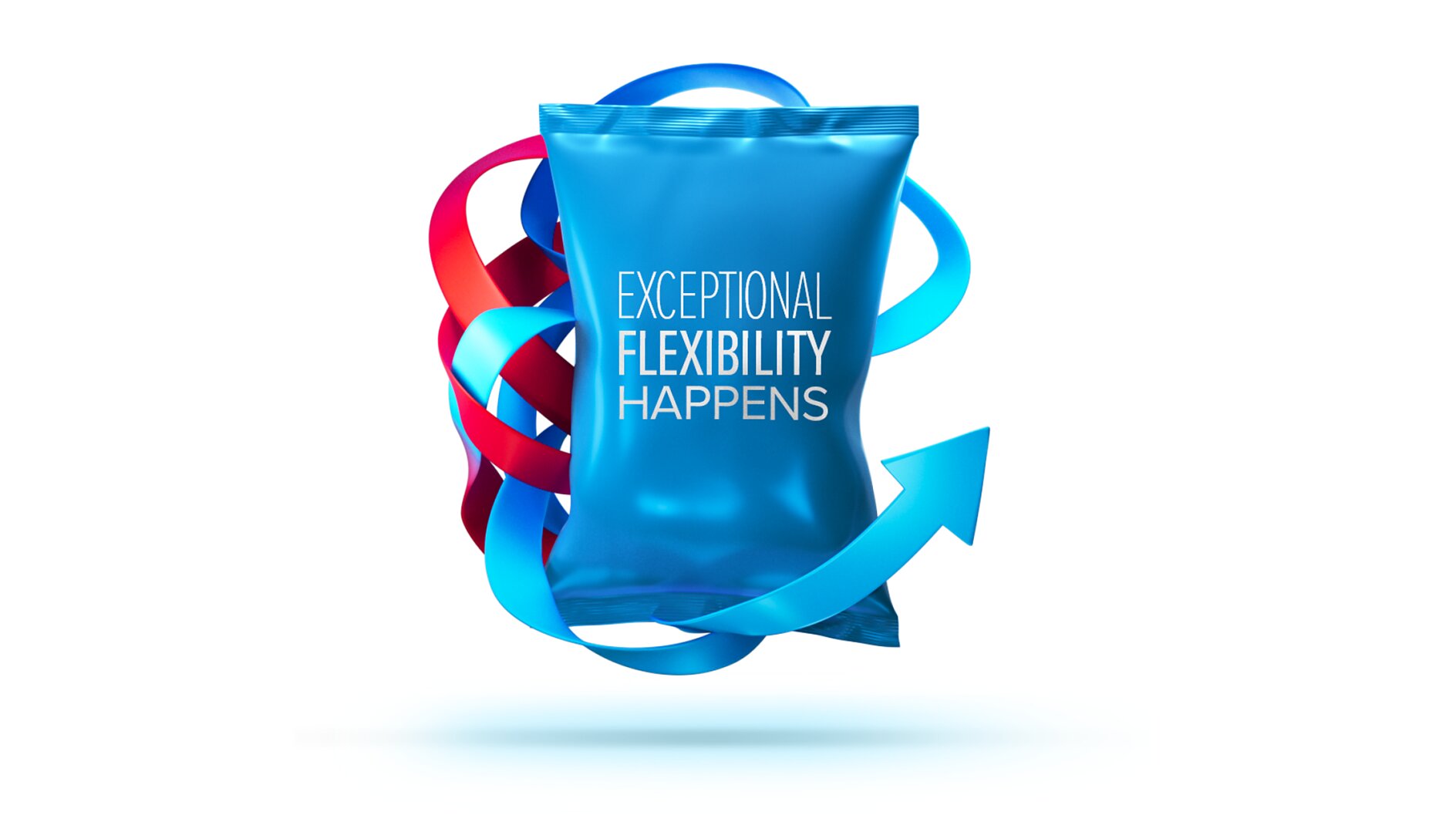 A shiny blue bag with the text Exceptional Flexibility Happens. Red and blue ribbons swirl around it, forming a circular shape and an arrow pointing upward. The bag and ribbons cast a shadow on the white surface below. (This text has been generated by AI)