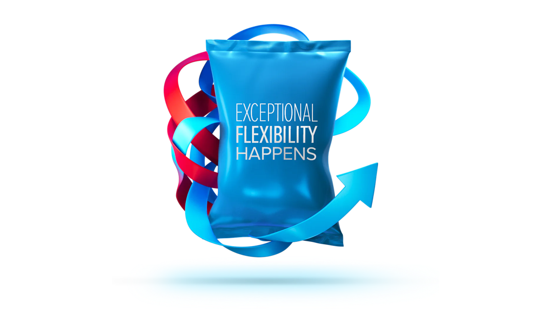 A shiny blue bag with the text Exceptional Flexibility Happens. Red and blue ribbons swirl around it, forming a circular shape and an arrow pointing upward. The bag and ribbons cast a shadow on the white surface below. (This text has been generated by AI)