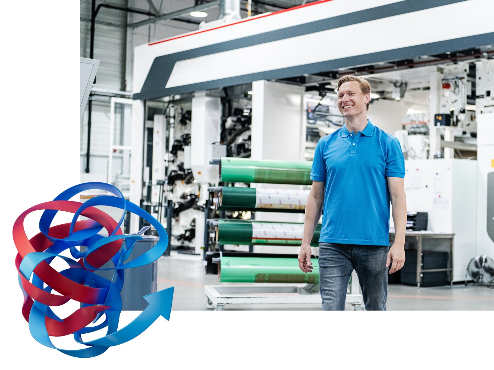 A person in a blue polo shirt is smiling and standing in a manufacturing facility with large industrial machinery. In the foreground, there is a 3D graphic of interlocking red and tesa blue arrows. (This text has been generated by AI)