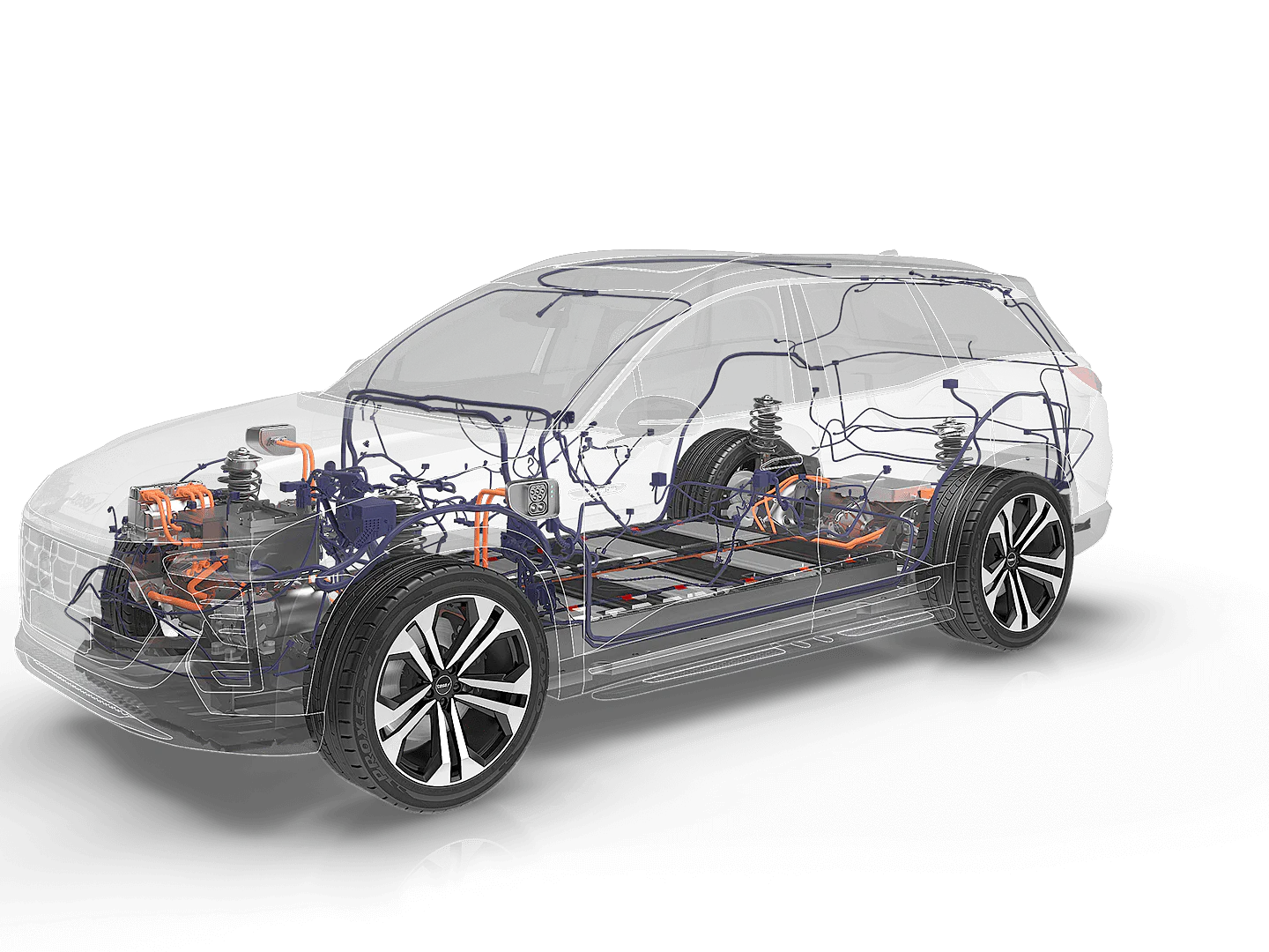 tesa_00000 A transparent SUV showcases its internal electric vehicle components, including battery packs, wiring, and motor, against a dark background. The diagram illustrates the layout and connections within the vehicles structure using tesa tape for securing elements in place. (This text has been generated by AI)