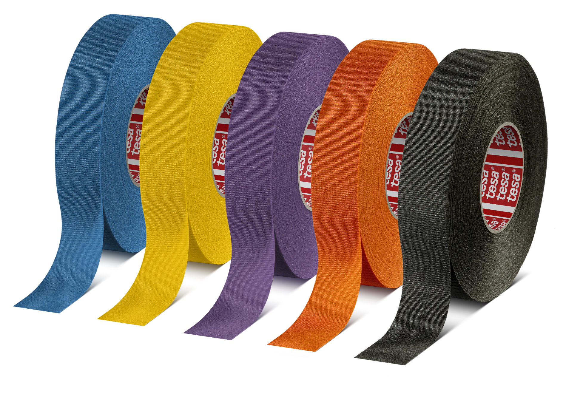 Wire harnessing 51036-Gruppe (1) Five rolls of colored tesa tape are lined up in a row. The tesa tapes are blue, yellow, purple, orange, and black. Each roll has a piece of tesa tape partially unspooled and extended downward. (This text has been generated by AI)