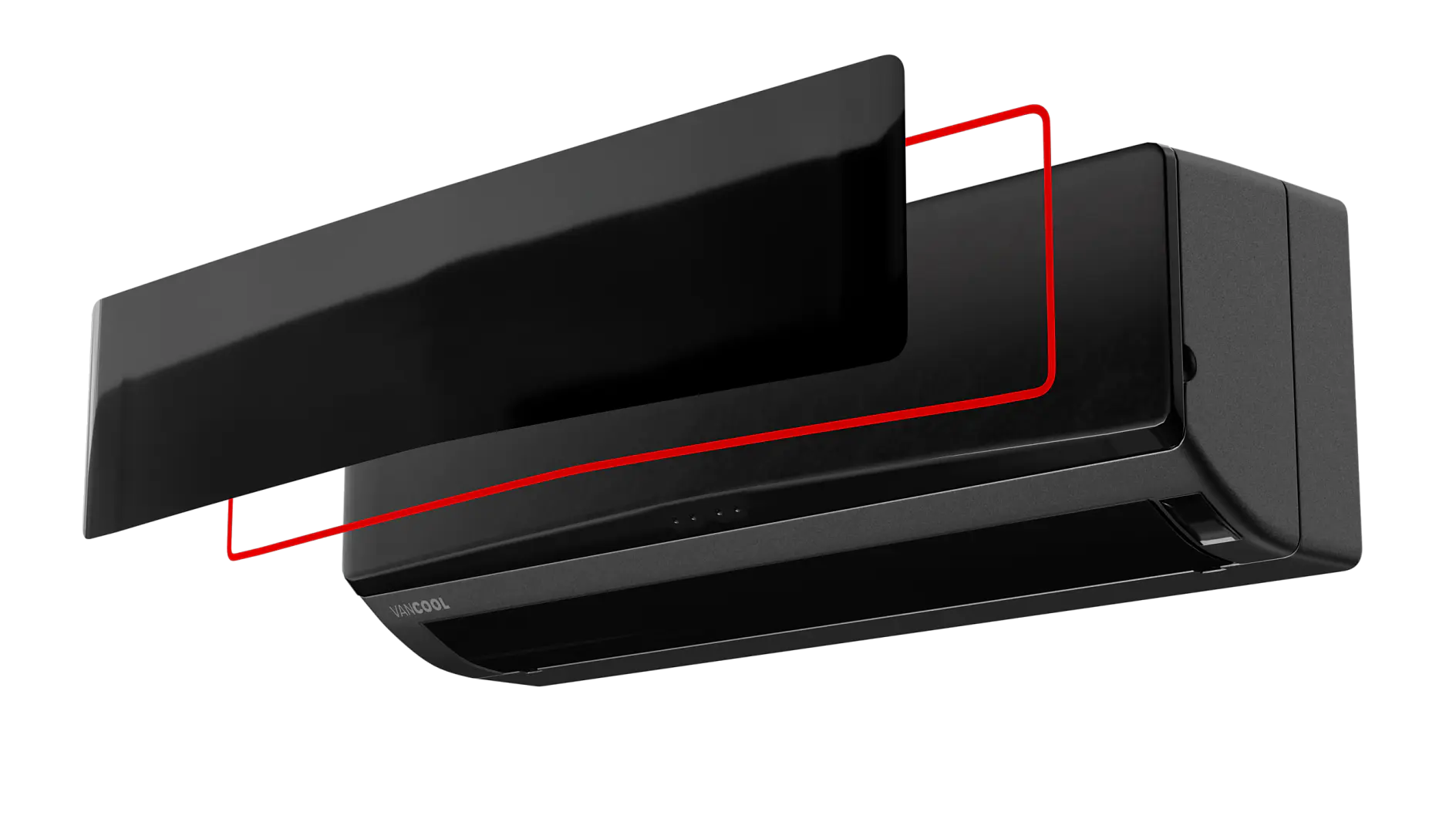 A black rectangular wall-mounted electronic device with a partially visible red outline, depicted on a white background. (This text has been generated by AI)