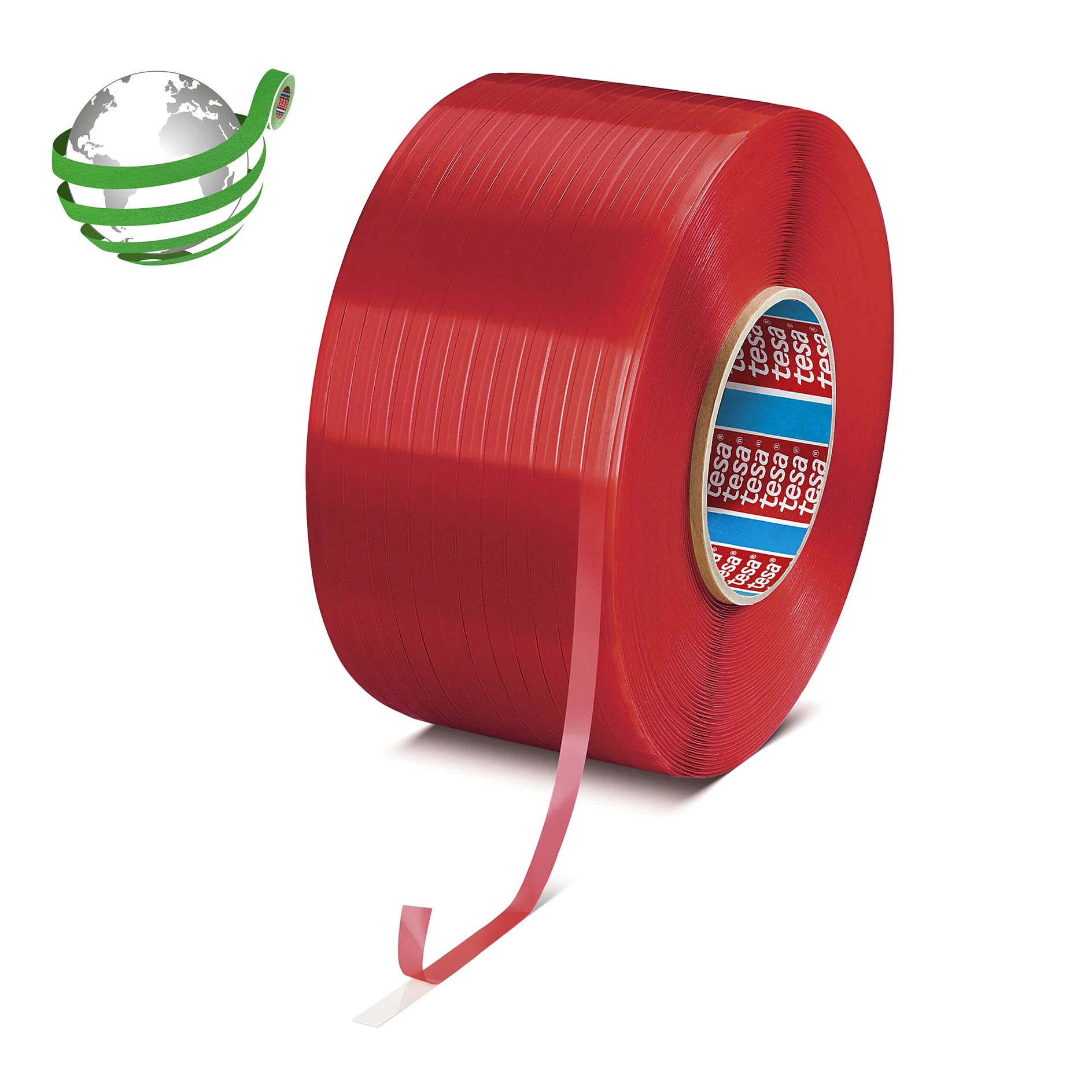 red tesa adhesive tape roll with partially peeled end on white background, globe icon with green stripes nearby (This text has been generated by AI)