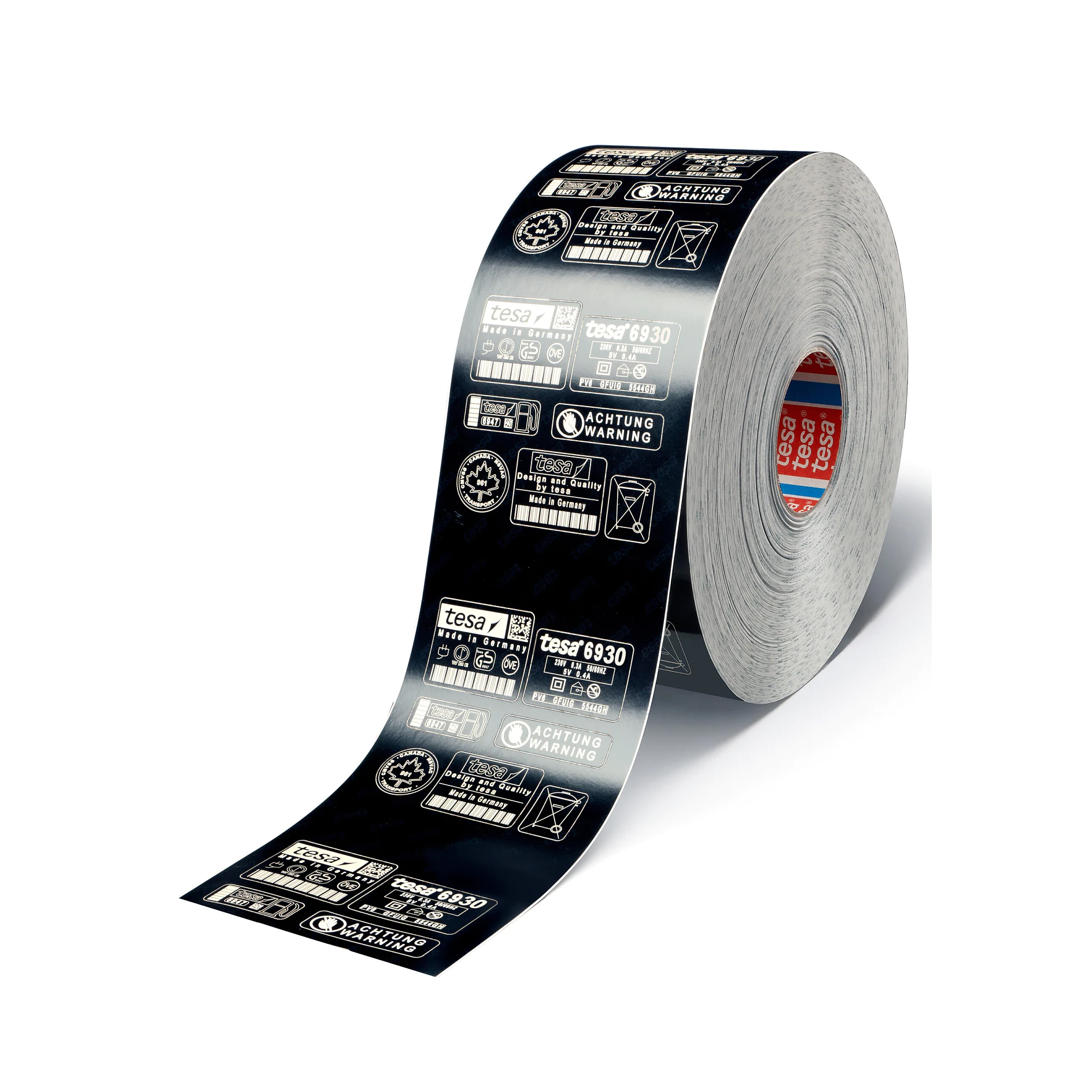 roll of black tesa adhesive tape with white printed symbols and text on a white background (This text has been generated by AI)