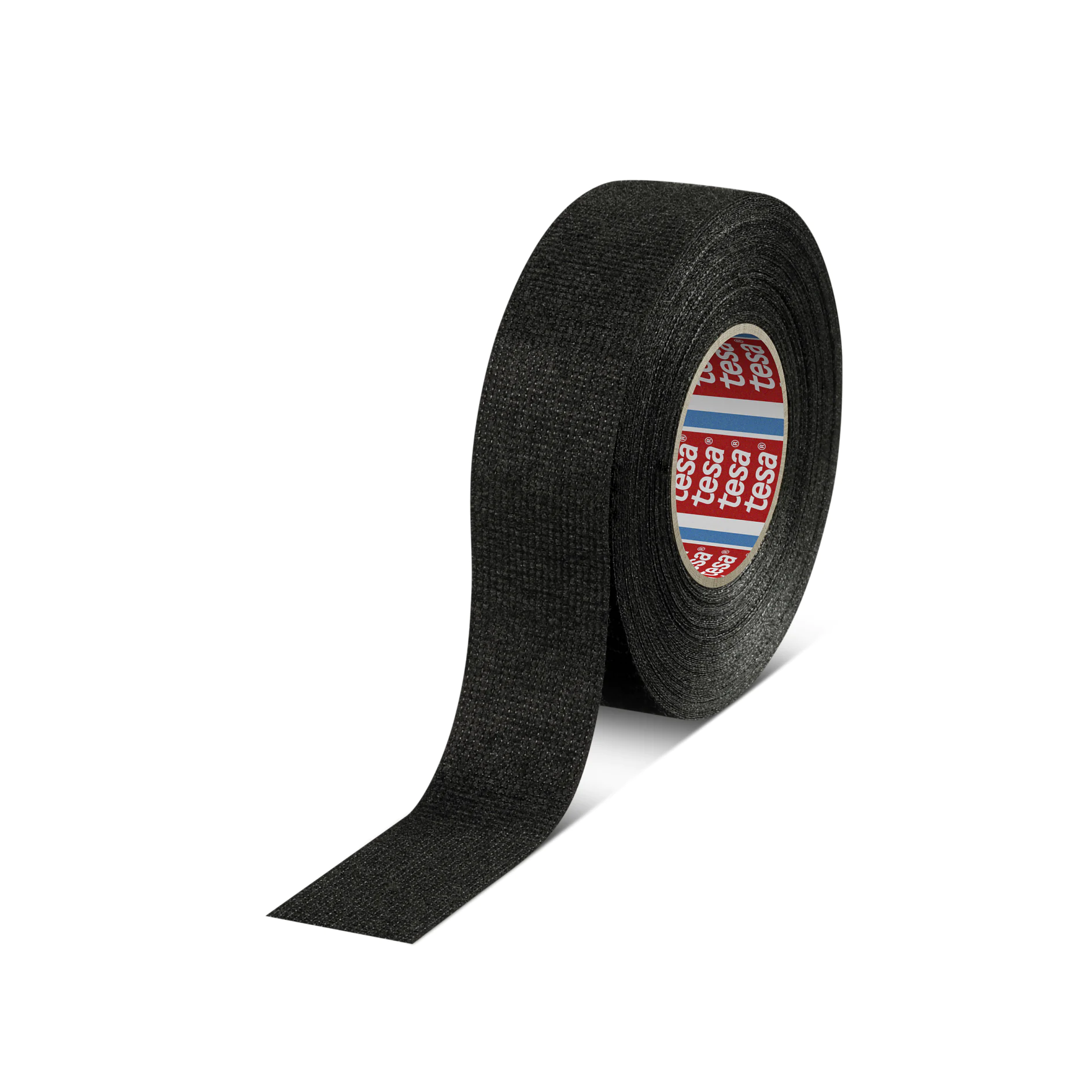 tesa black fabric adhesive tape roll with a strip partially unrolled on a white background (This text has been generated by AI)