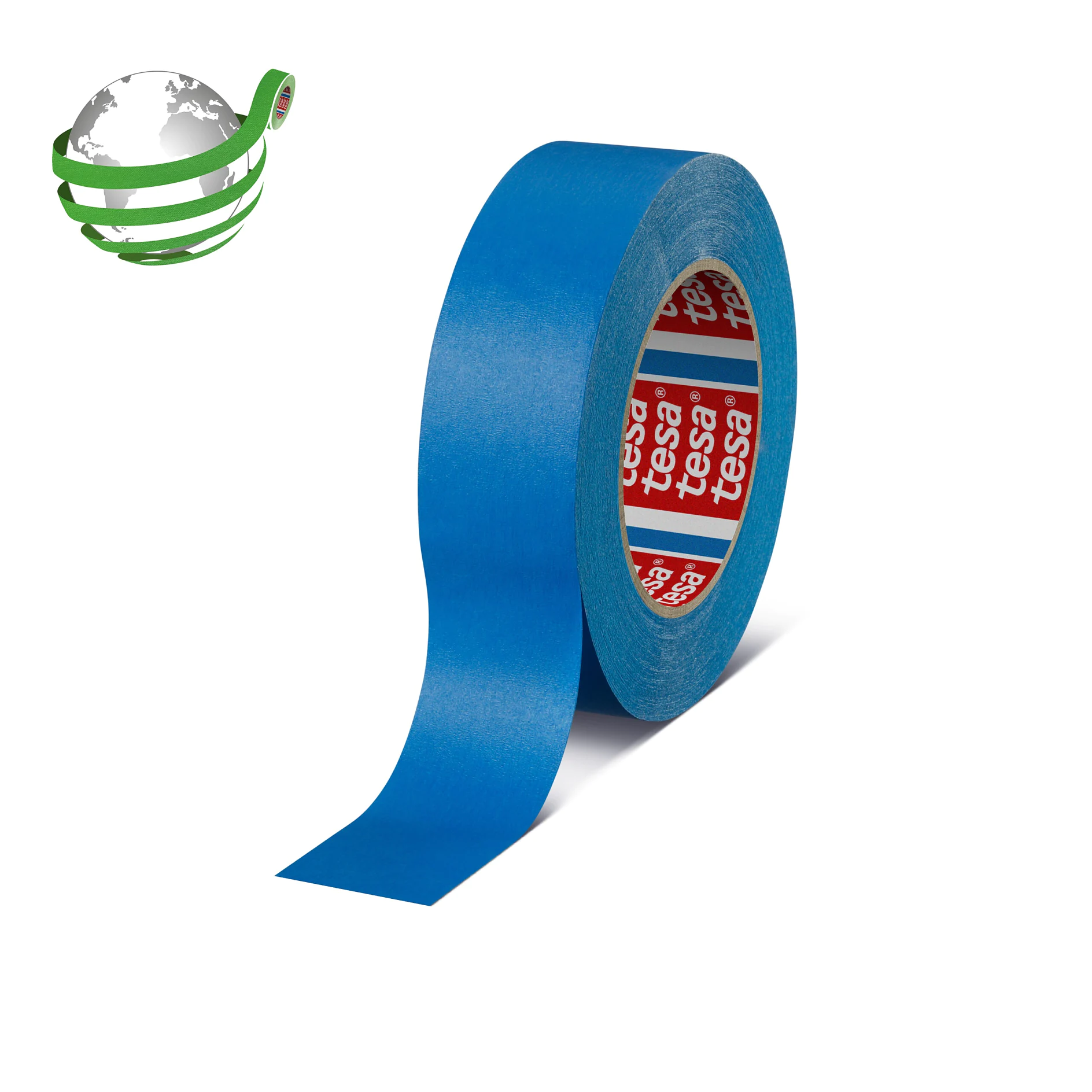 Blue tesa adhesive tape roll with partially unrolled strip, isolated on white background, showing brand logo inside the roll. (This text has been generated by AI)