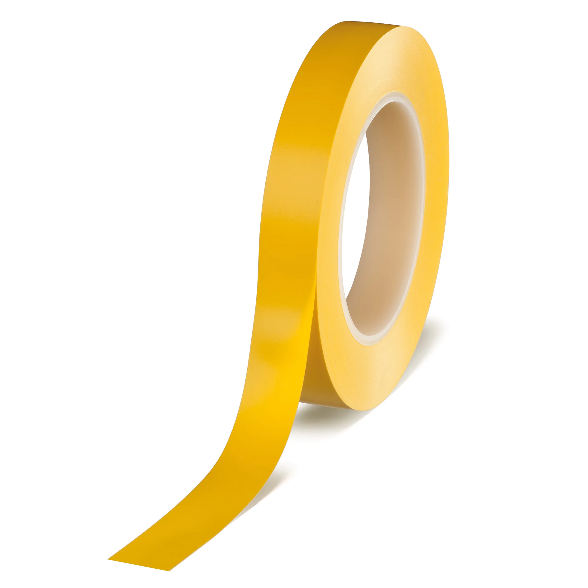 yellow adhesive tape roll with a strip partially unrolled on a white background (This text has been generated by AI)