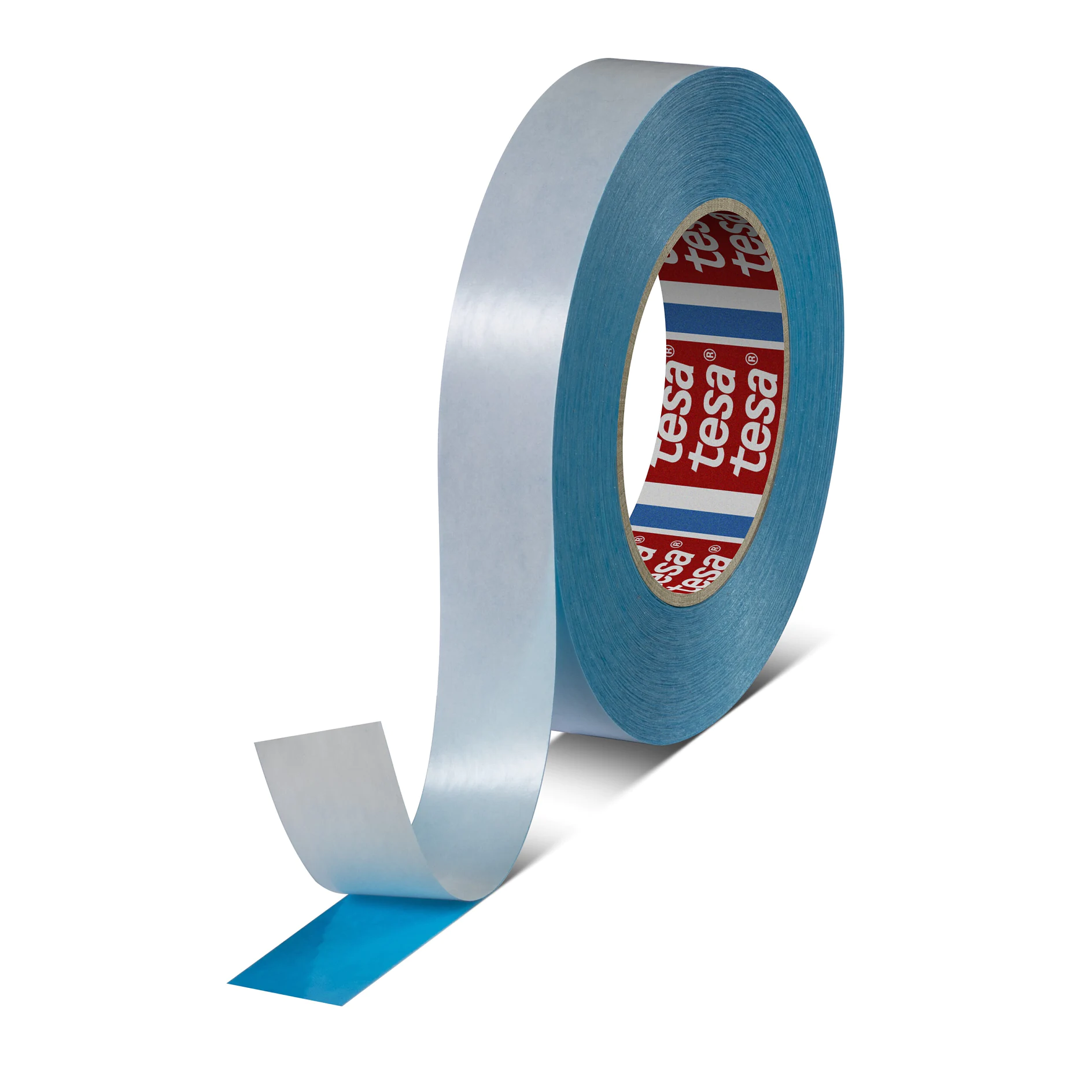 roll of blue tesa adhesive tape partially unrolled on a white background, studio setting (This text has been generated by AI)