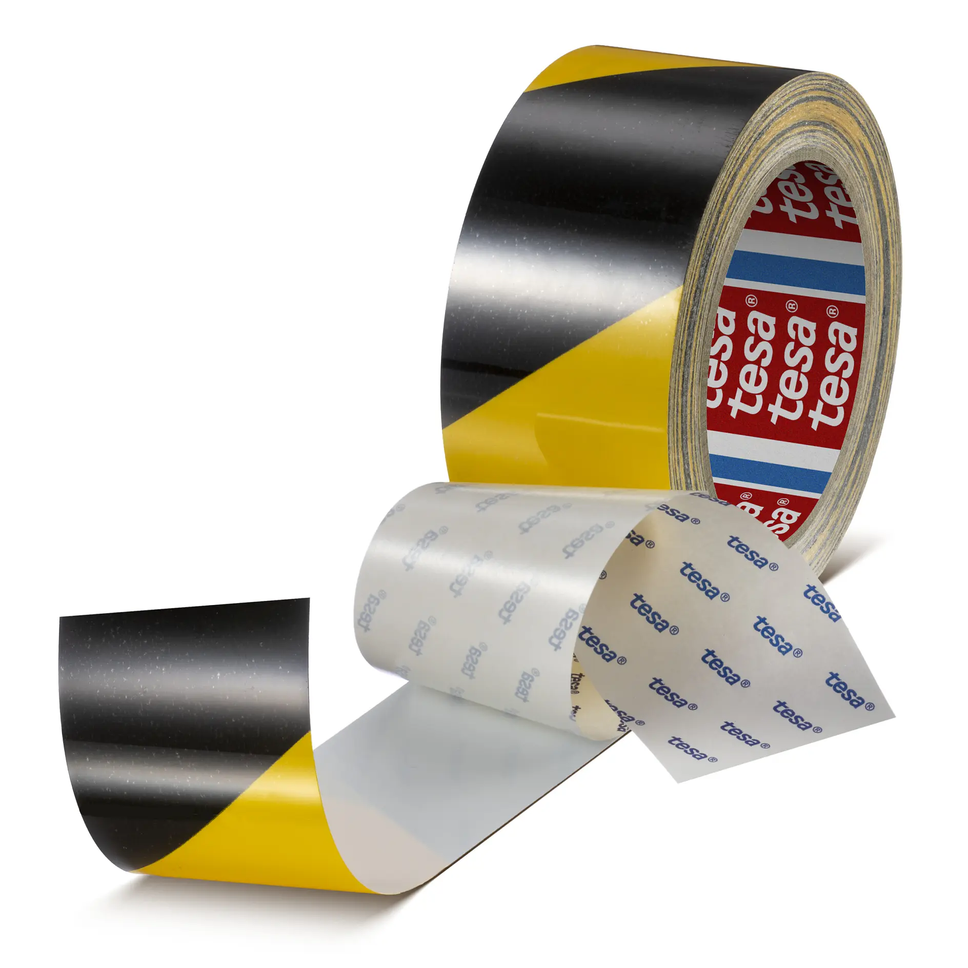 Roll of tesa branded black and yellow adhesive tape partially unrolled on a white background (This text has been generated by AI)