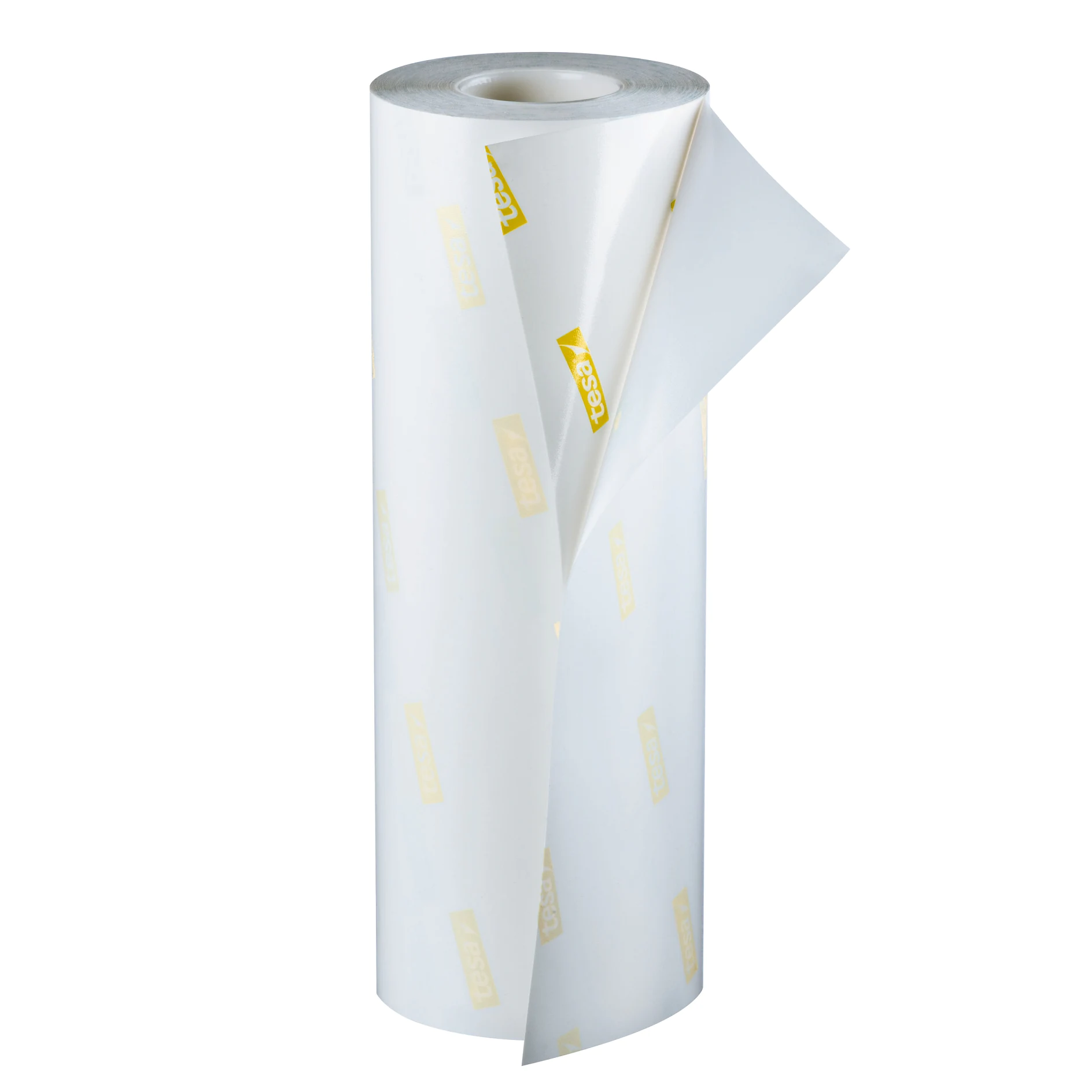 roll of white tesa adhesive film with yellow logos, standing upright on a white background (This text has been generated by AI)