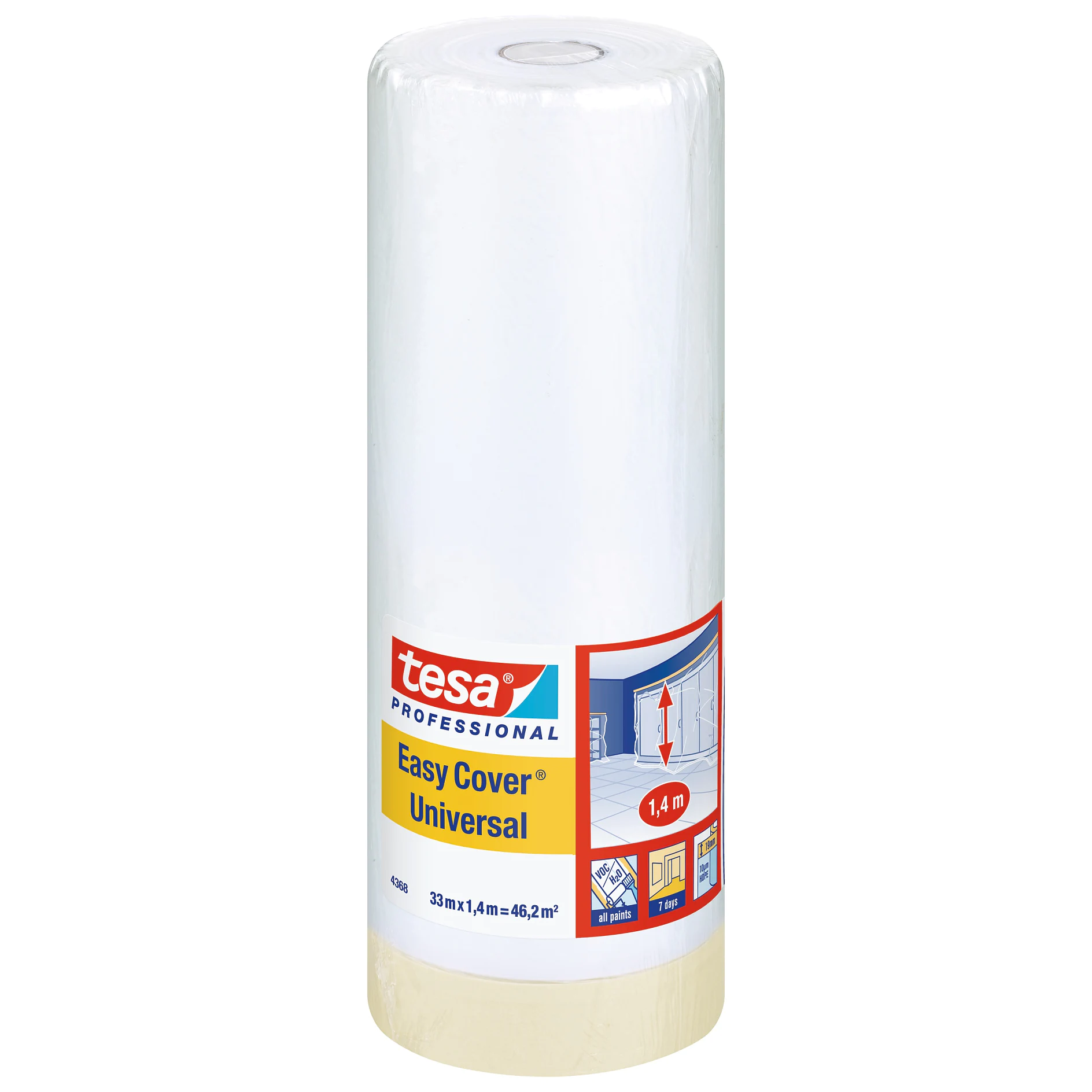 Clear roll of tesa professional Easy Cover Universal masking film for paint protection, displayed on a white background. (This text has been generated by AI)
