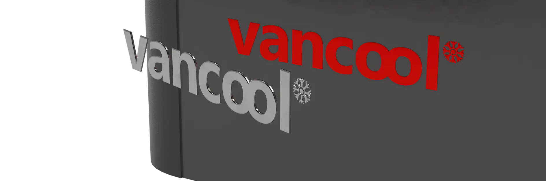 Close-up of a dark surface featuring the word vancool in large metallic letters on the left. The same word appears in smaller red letters on the right. Two snowflake symbols are positioned near the letters.