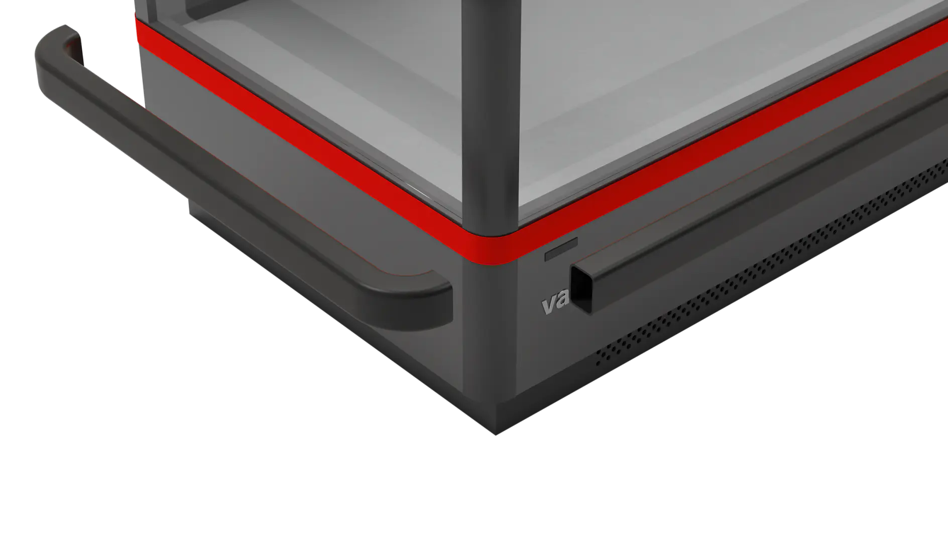 Close-up of a gray and red rectangular cart with a visible handle and a small black latch-like feature. The cart has a simple, modern design with multiple levels, and the surface appears metal or plastic, seamlessly held together with tesa tape for reliable durability. (This text has been generated by AI)