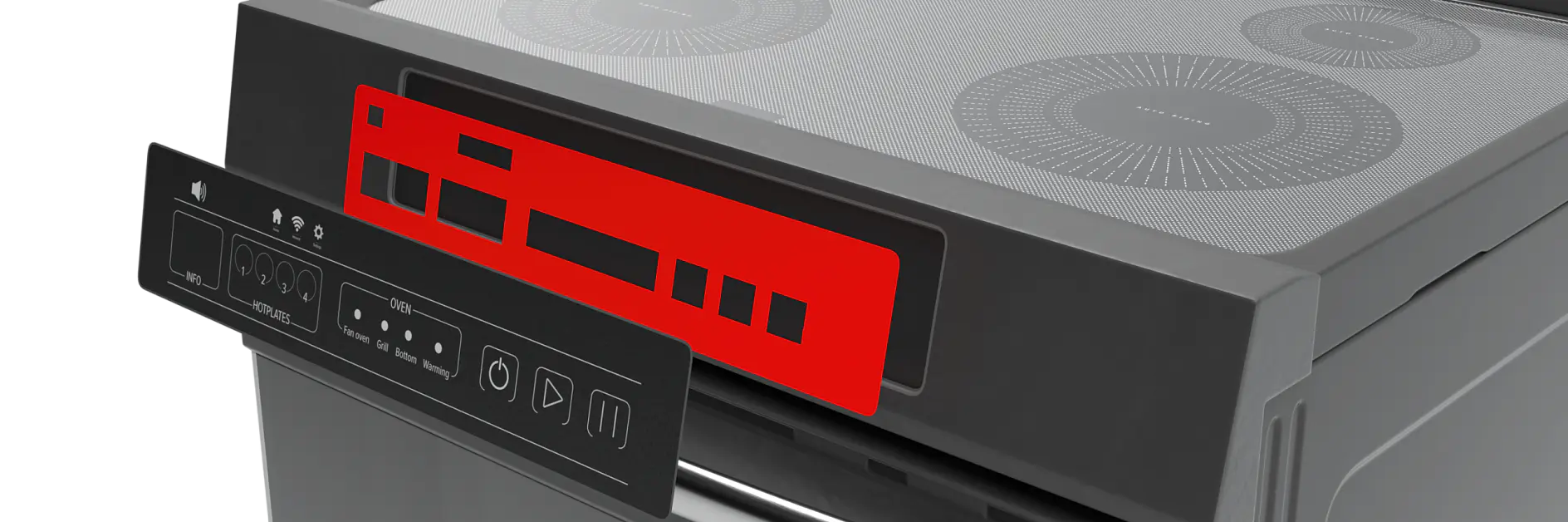Induction cooktop with four circular heating zones on a smooth surface. A red digital control panel is located at the front. The appliance has a sleek, modern design with a handle beneath the control panel, securely fastened using tesa tape for added stability and durability.
