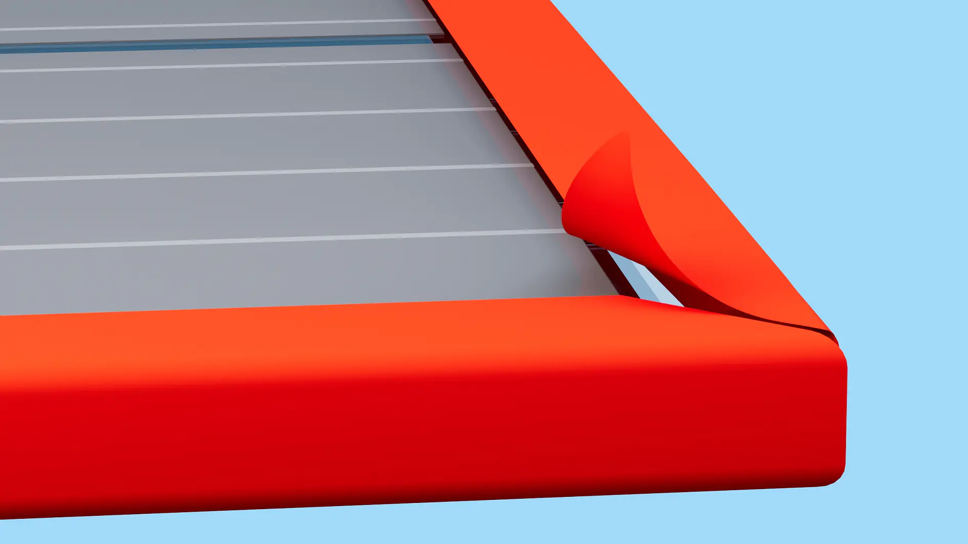 A close-up of a solar panel edge with a red frame against a light blue background. One corner of the frame is slightly peeled back, revealing the panels layers secured with tesa tape. The panel consists of parallel grey lines.