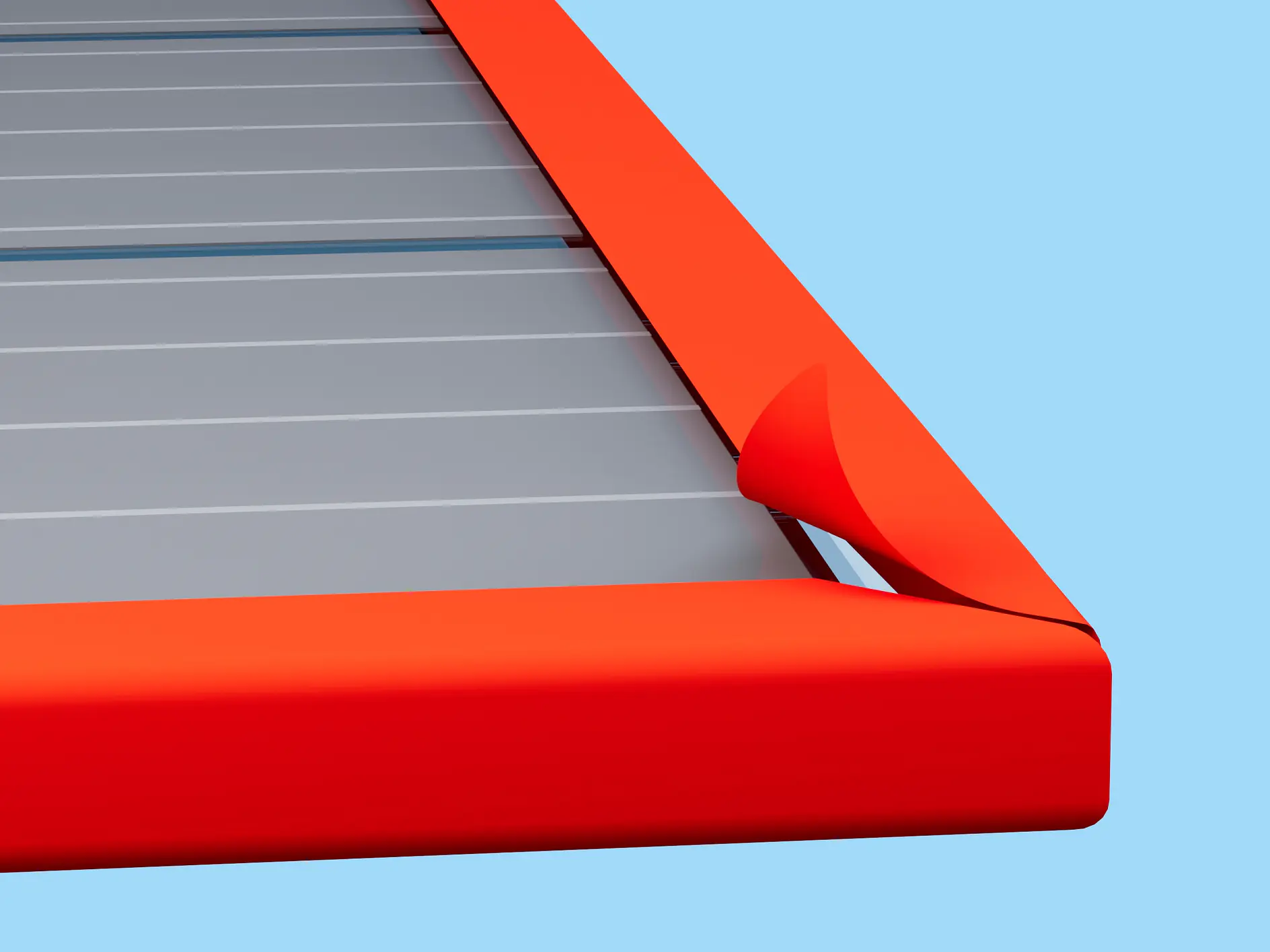 A close-up of a solar panel edge with a red frame against a light blue background. One corner of the frame is slightly peeled back, revealing the panels layers secured with tesa tape. The panel consists of parallel grey lines. (This text has been generated by AI)