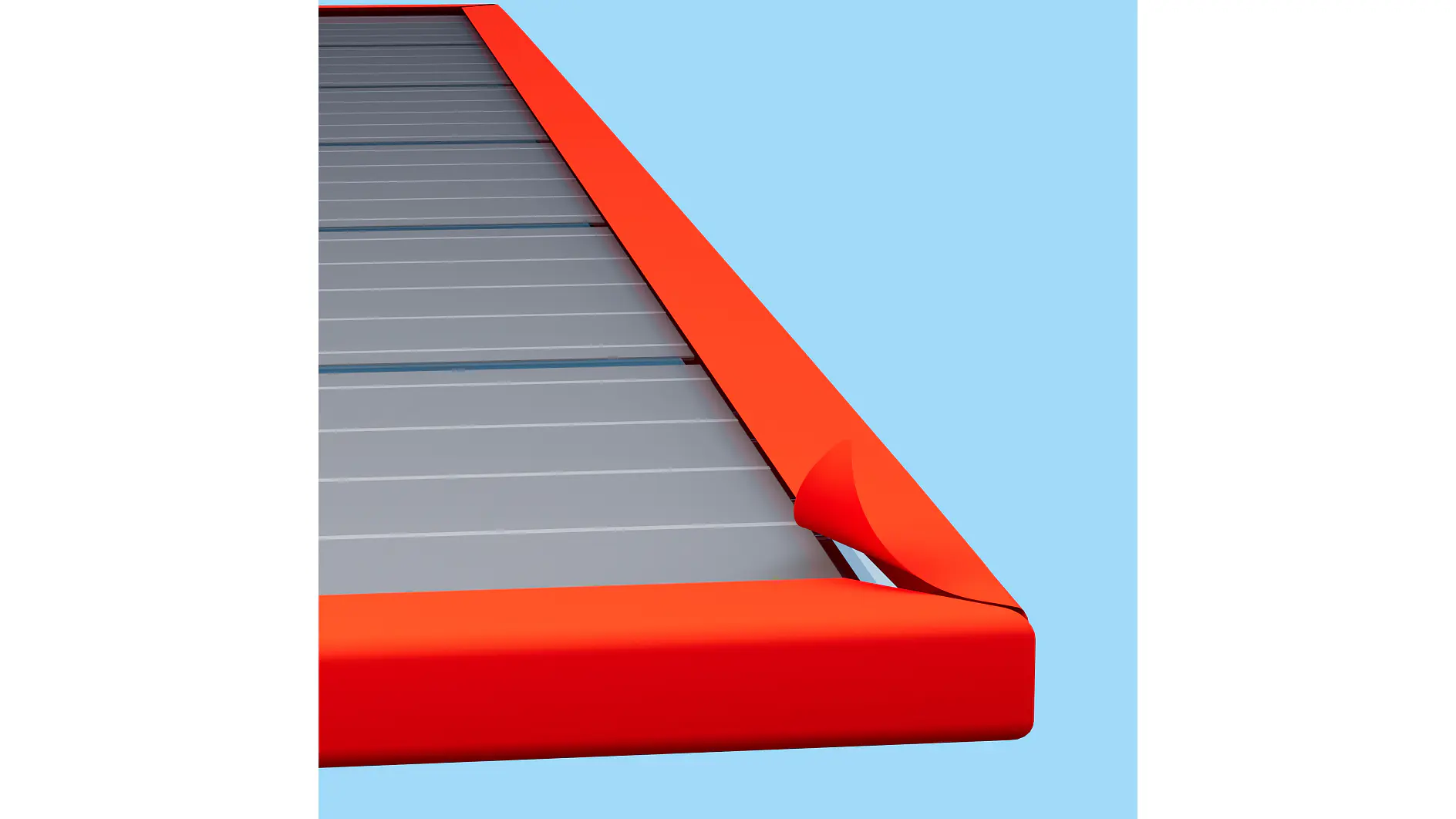 A close-up of a solar panel edge with a red frame against a light blue background. One corner of the frame is slightly peeled back, revealing the panels layers secured with tesa tape. The panel consists of parallel grey lines. (This text has been generated by AI)