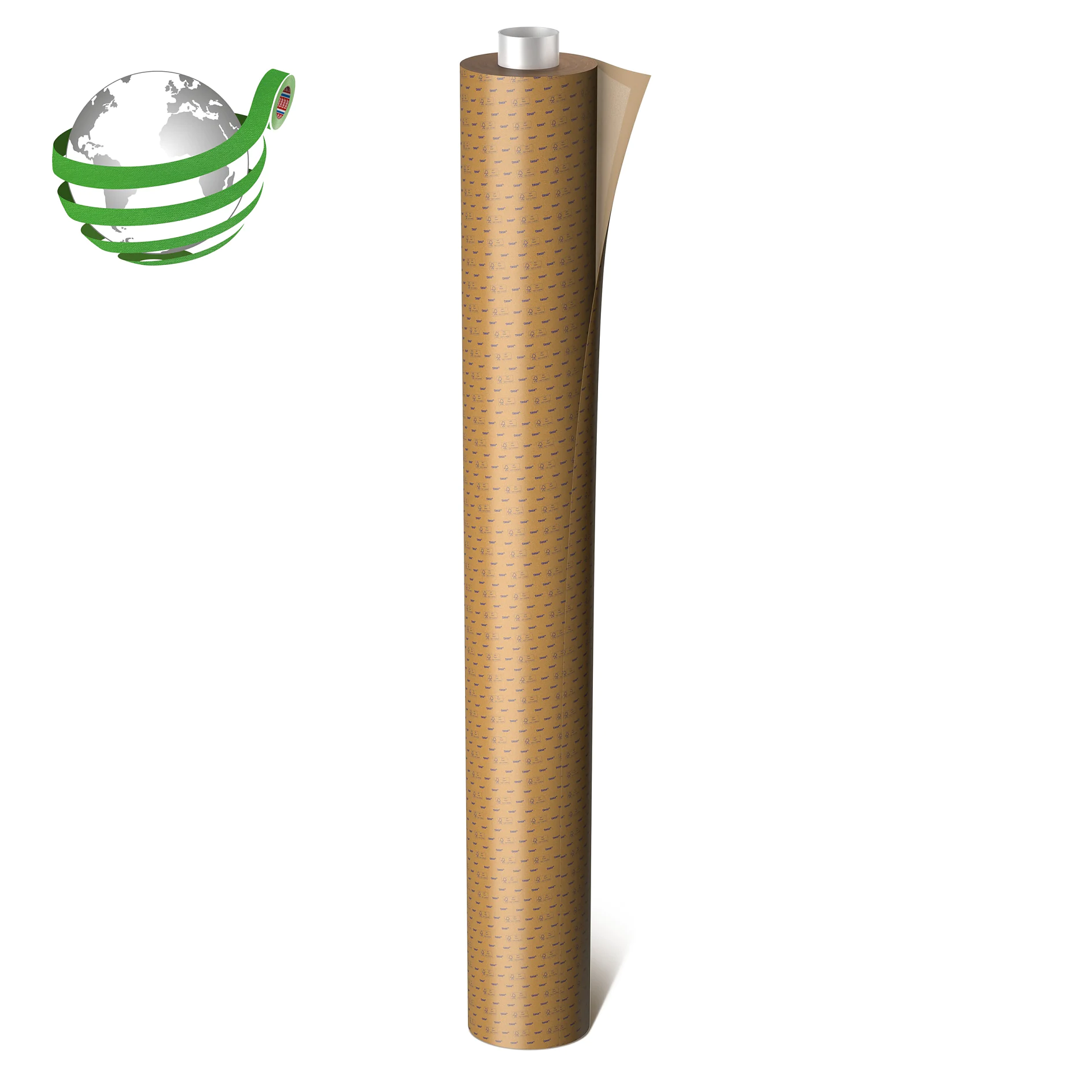 roll of brown kraft paper standing upright on a white background with a small globe wrapped in green tape in the top left corner tesa logo in small letters (This text has been generated by AI)