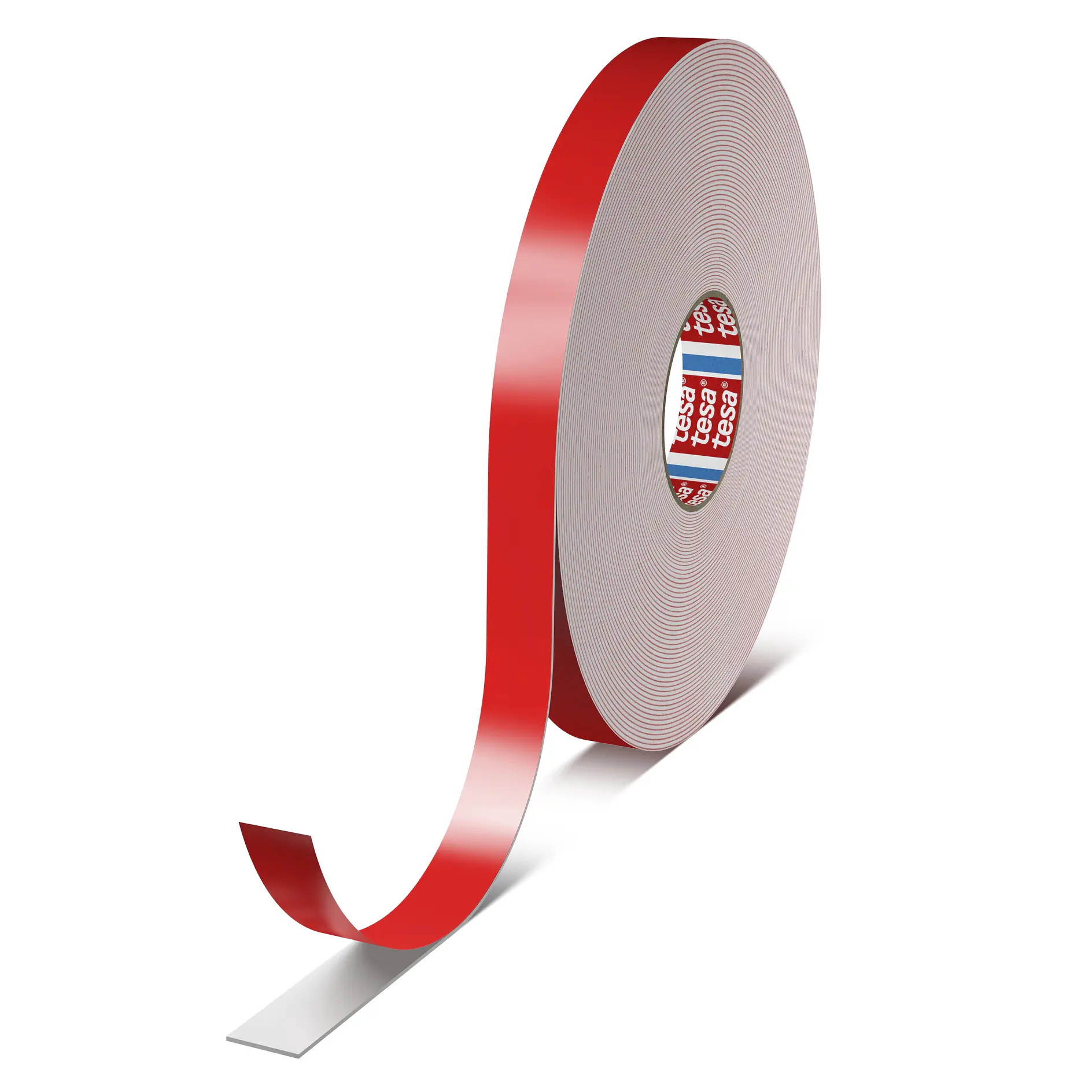 tesa double-sided red adhesive tape roll with a strip partially unrolled on a white background (This text has been generated by AI)
