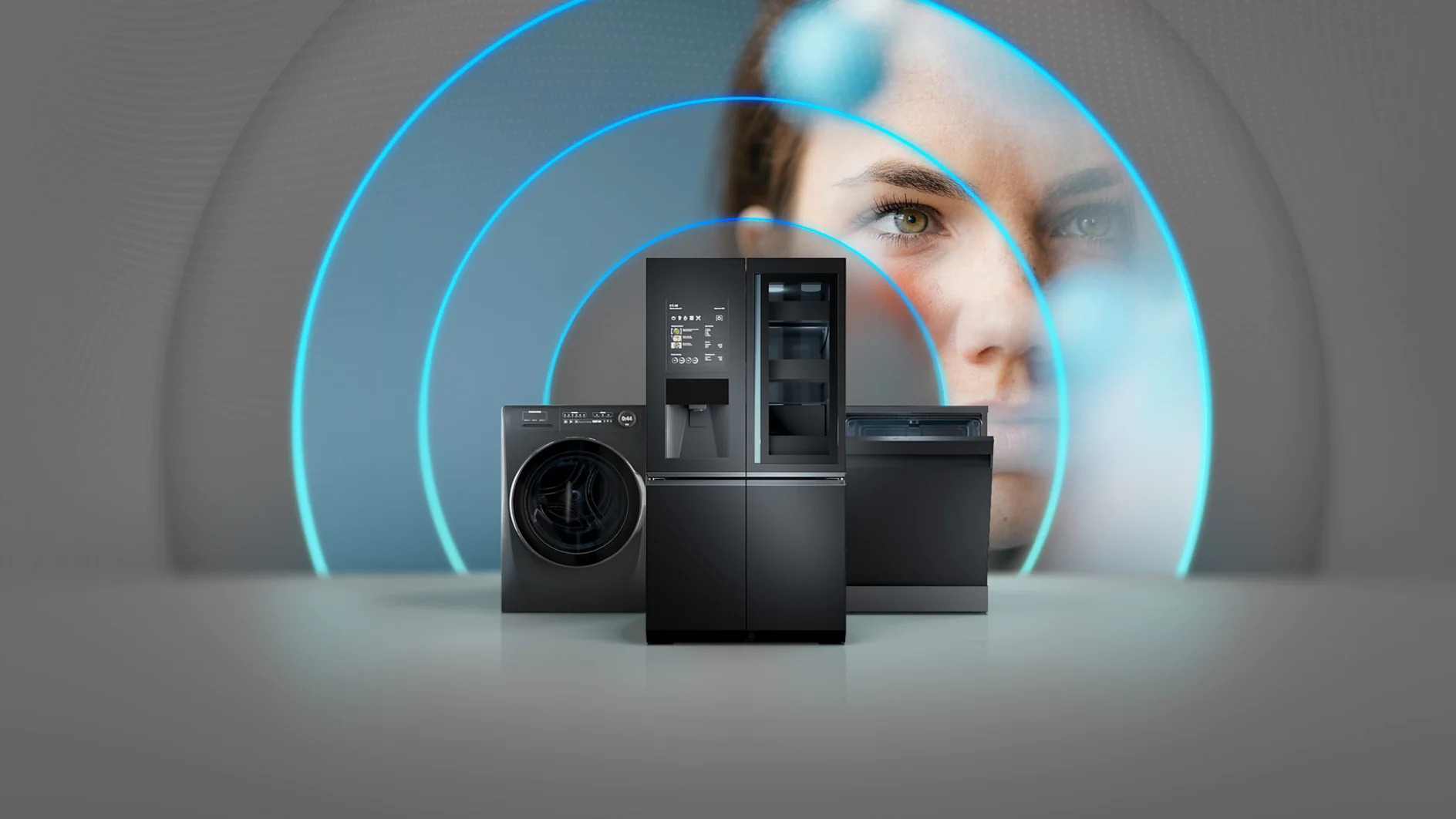 A washing machine, refrigerator, and dishwasher are displayed in the foreground. In the background, a womans face is partially visible, with blue concentric circles emanating from the appliances, suggesting connectivity or technology. (This text has been generated by AI)