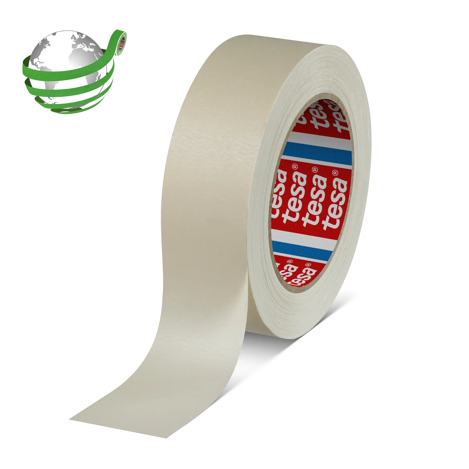 roll of beige tesa adhesive tape with partially unrolled strip on white background (This text has been generated by AI)