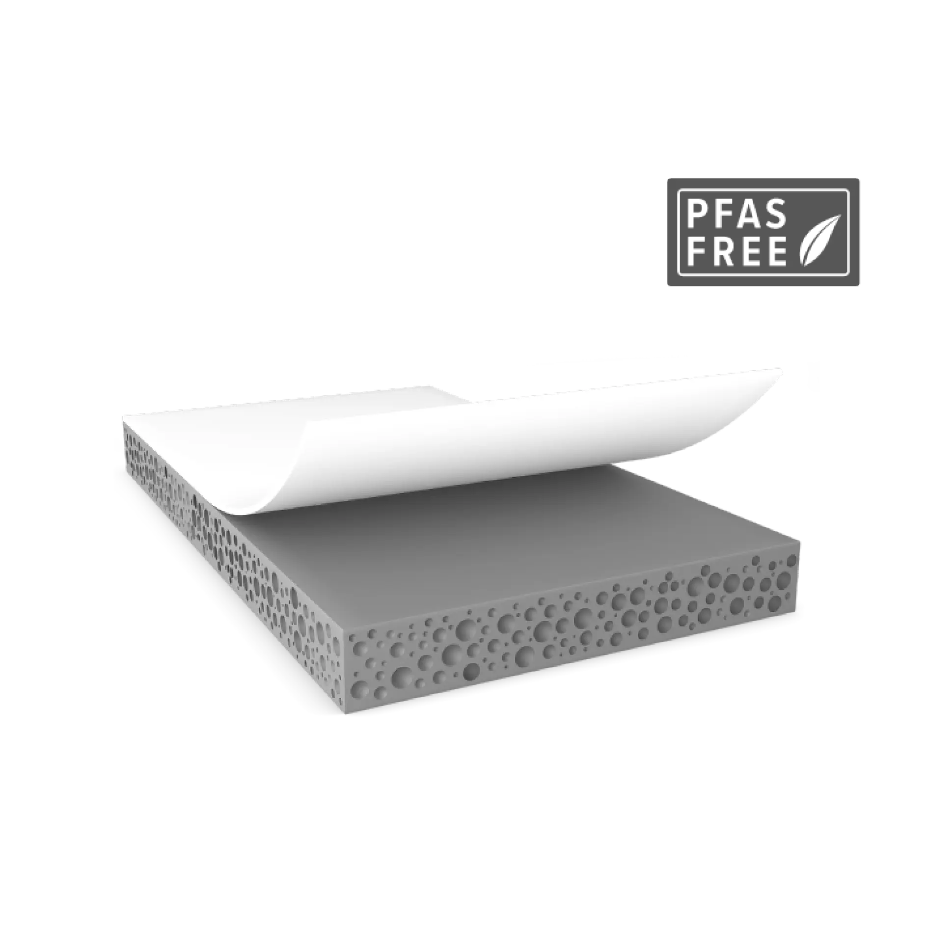 Ilustrasi penampang menunjukkan material berlapis dengan lapisan tengah berpori berwarna abu-abu dan lapisan atas berwarna putih. Label PFAS Free dengan simbol daun berada di pojok kanan atas. Lapisan tersebut direkatkan menggunakan tesa tape untuk ikatan yang aman. (This text has been generated by AI)