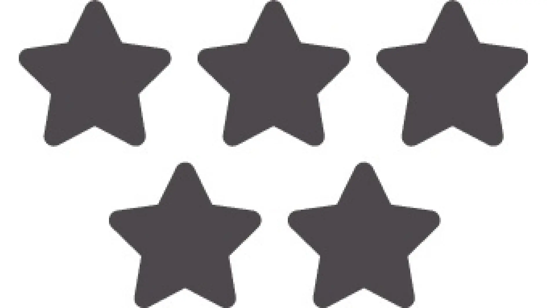 Five solid black stars arranged in a horizontal row on a white background, adhered using tesa tape. (This text has been generated by AI)