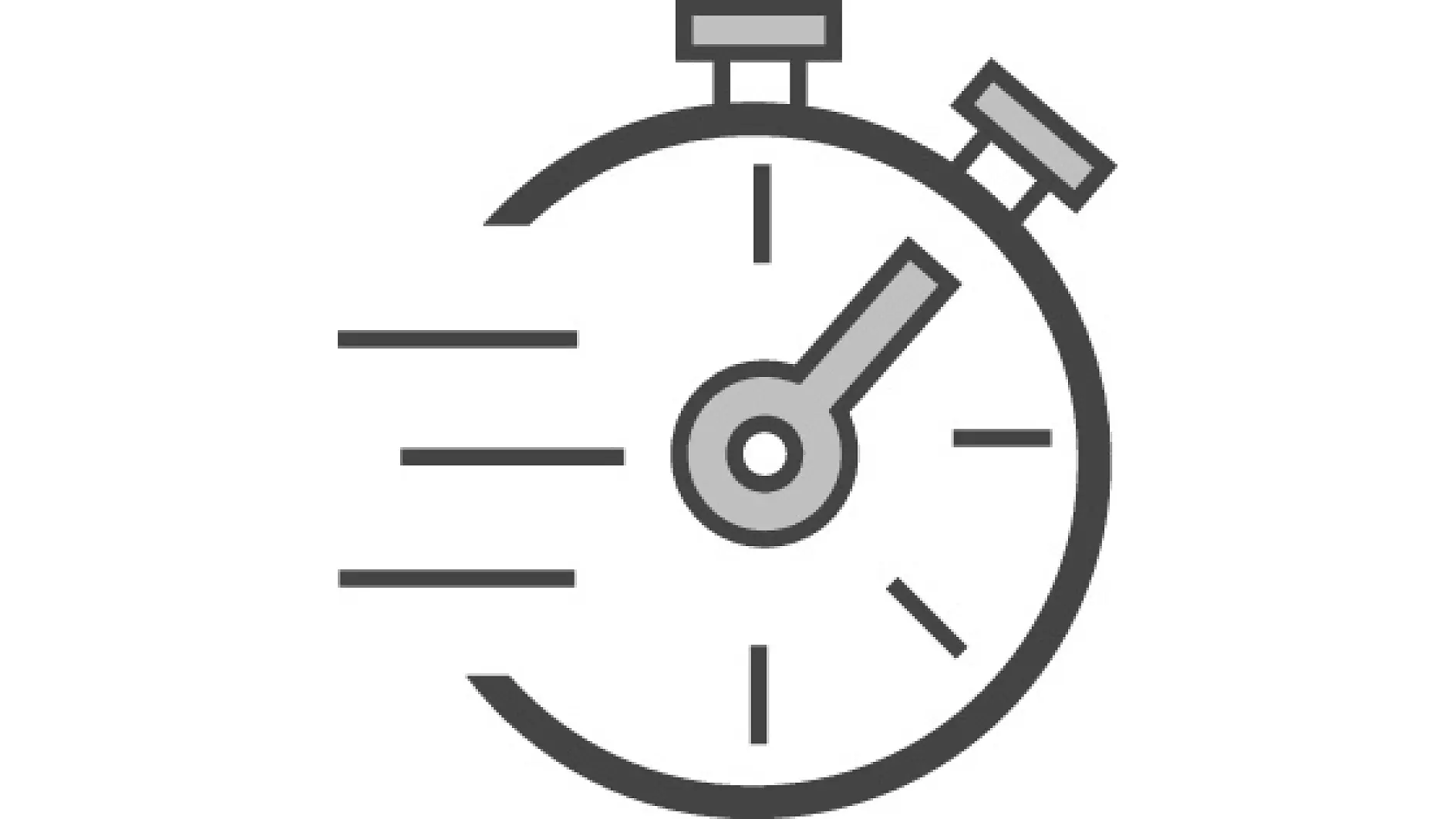 Gambar garis sederhana sebuah stopwatch dengan garis-garis gerak di sisi kiri, menunjukkan kecepatan atau urgensi. Stopwatch ini memiliki dua tombol di bagian atas dan satu jarum yang menunjuk ke posisi pukul dua, disertai pita perekat tesa. (This text has been generated by AI)