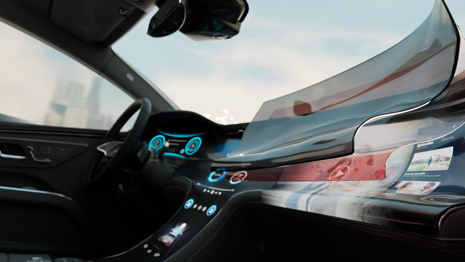 Interior view of a car from the front passenger side looking forward, showing the dashboard with a curved display. The display is illustrated in multiple layered sections to demonstrate how adhesive tape is applied to secure the display in place.