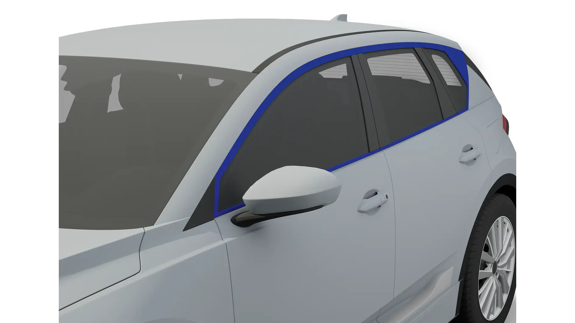 Close-up bagian depan samping mobil putih menyoroti spion samping dan kaca berwarna gelap. Garis trim pita tesa berwarna biru membentang di sepanjang tepi atas kaca, kontras dengan warna terang mobil. Kendaraan tersebut tampak seperti SUV atau crossover modern. (This text has been generated by AI)