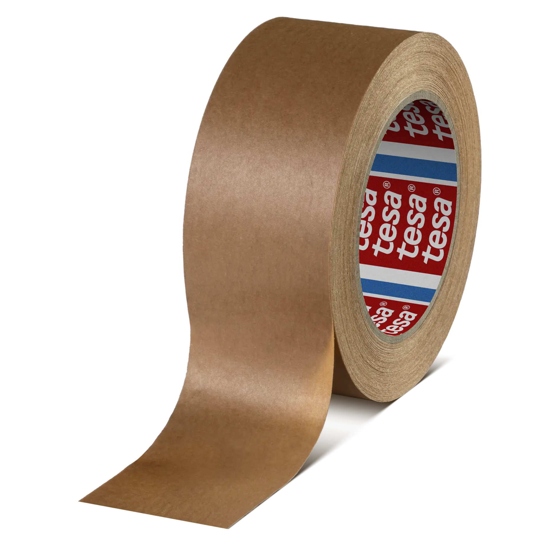 A roll of brown adhesive tesa tape with a partially unraveled strip. The interior of the roll shows a red and white pattern with the text tesa repeatedly printed. (This text has been generated by AI)