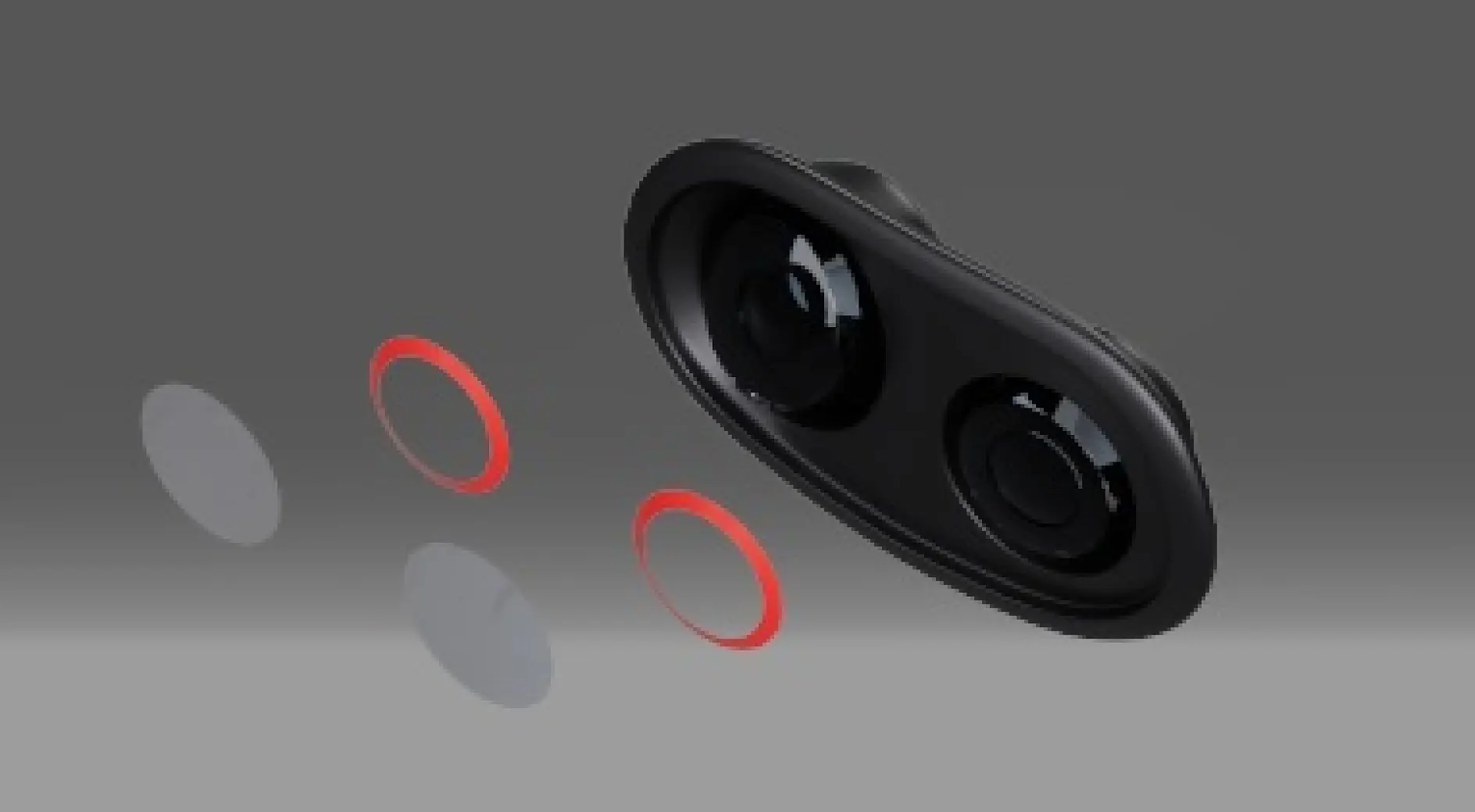 A diagram showing the disassembled parts of a dual-lens camera module. It includes two convex lenses, two red circular rings, and a black oval-shaped housing held together with tesa tape. The background is a gradient of gray shades. (This text has been generated by AI)