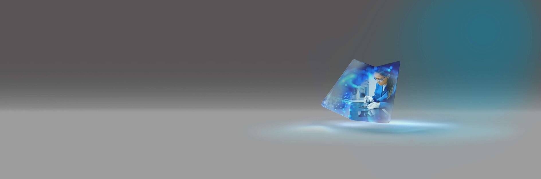 A portal floating in a gray space shows a person in a suit, interacting with digital blue holographic elements. The background is minimalistic, blending from gray to teal at the corner. A glow highlights the portals presence.