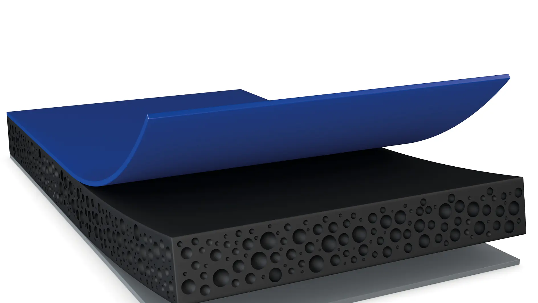 Illustration of a layered structure showing a blue flexible top layer, a black foam-like middle layer with bubble texture, and a solid gray base layer. The blue tesa tape layer is partially peeled away, revealing the black tesa tape layer beneath.