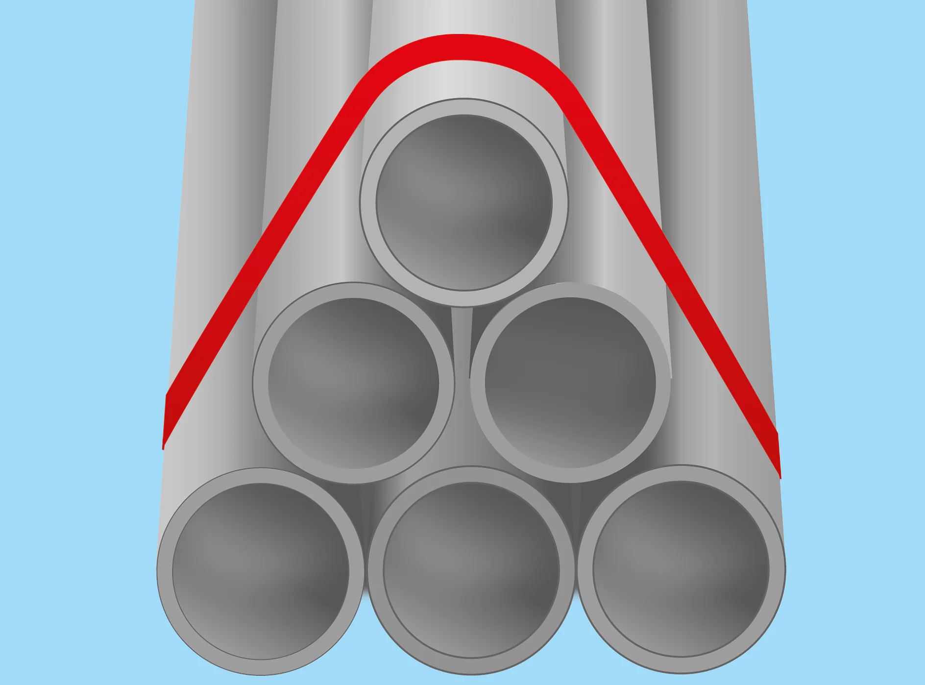Illustrazione di sei tubi cilindrici grigi disposti con cinque alla base e uno in cima, avvolti da una fascetta rossa che delinea una forma triangolare su sfondo azzurro, saldamente tenuti insieme con nastro tesa. (This text has been generated by AI)