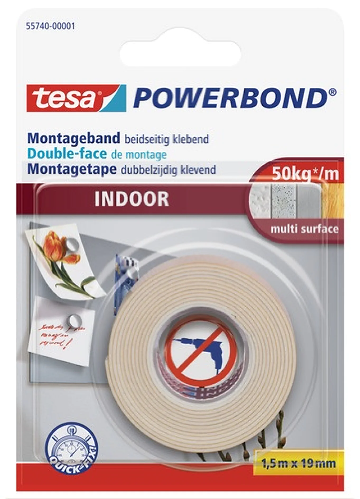 tesa® Powerbond INDOOR is a versatile double-sided self-adhesive mounting tape which can be used for a wide range of household jobs. It is the perfect alternative to drilling as underlying surfaces aren't damaged and the fixing tape can be removed if you change your mind.
tesa® Powerbond INDOOR securely fixes flat objects, with a thickness of up to 10 mm, to firm surfaces. In good bonding conditions, a strip of 10 cm of this heavy-duty fixing tape is enough to hold a weight of up to 5 kg. You can use it on any sufficiently firm, flat surface including tiles, wooden panels and most plastics.