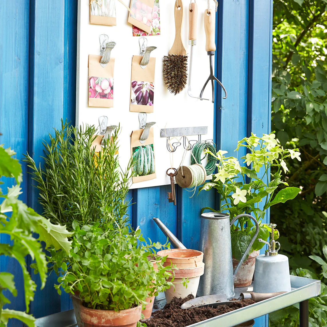 Keep your packets of seeds, and garden tools, in perfect order by arranging them on a white-varnished wooden board. Ultra strong double-sided tape can be used to fix decorative metal clasps and metal hook strips firmly in place.