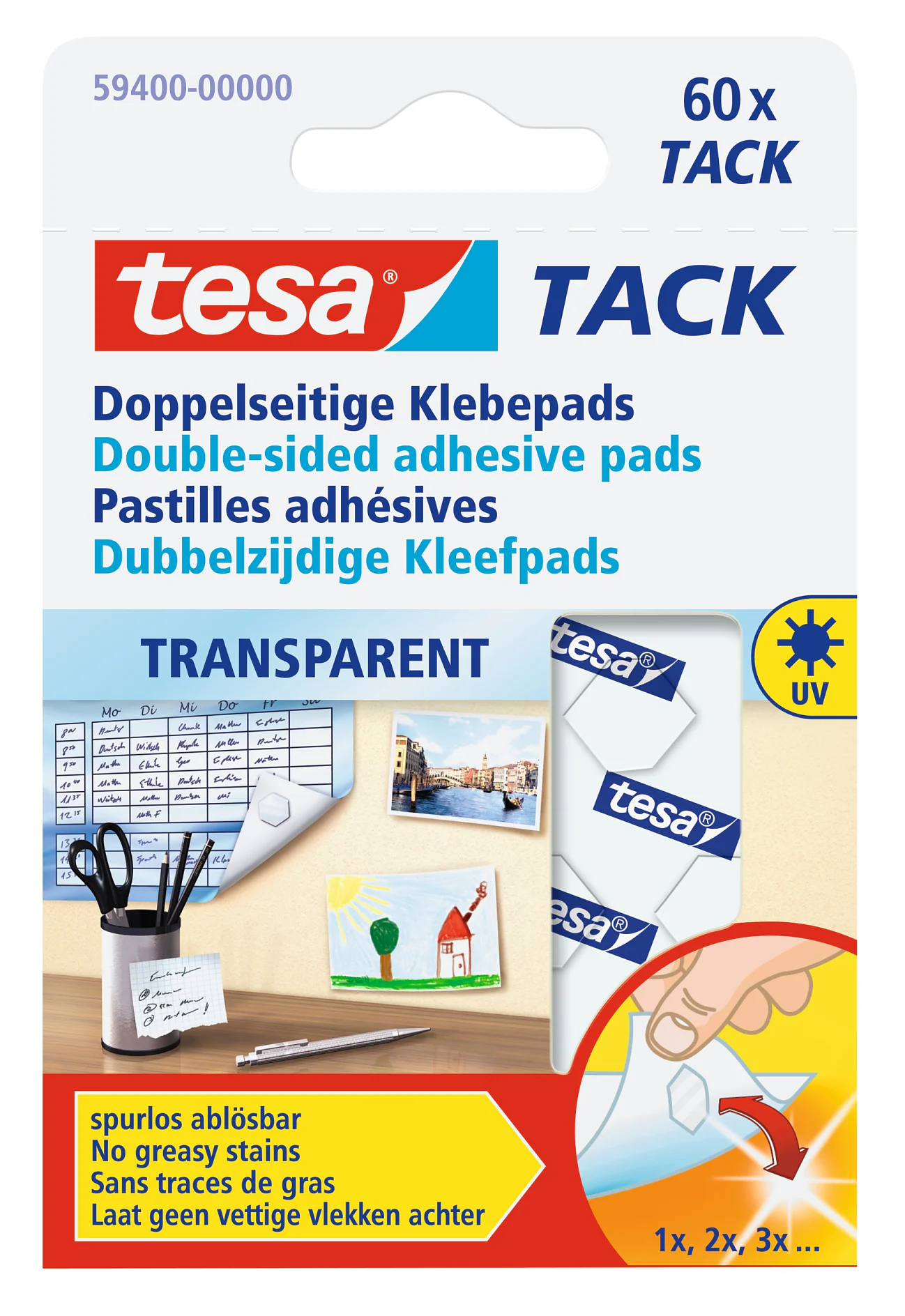 Die doppelseitig klebenden fünf- und sechseckigen tesa® TACK Klebepads sind transparent und besonders flach. Sie lassen sich deshalb flexibel, sauber und vielseitig einsetzen. Dank einer neuen tesa® Technologie sind die neuen Klebepads von festen Untergründen spurlos ablösbar und lassen sich zudem wiederholt verwenden: Der tesa® TACK haftet am Objekt und kann so flexibel an eine andere Stelle versetzt werden.