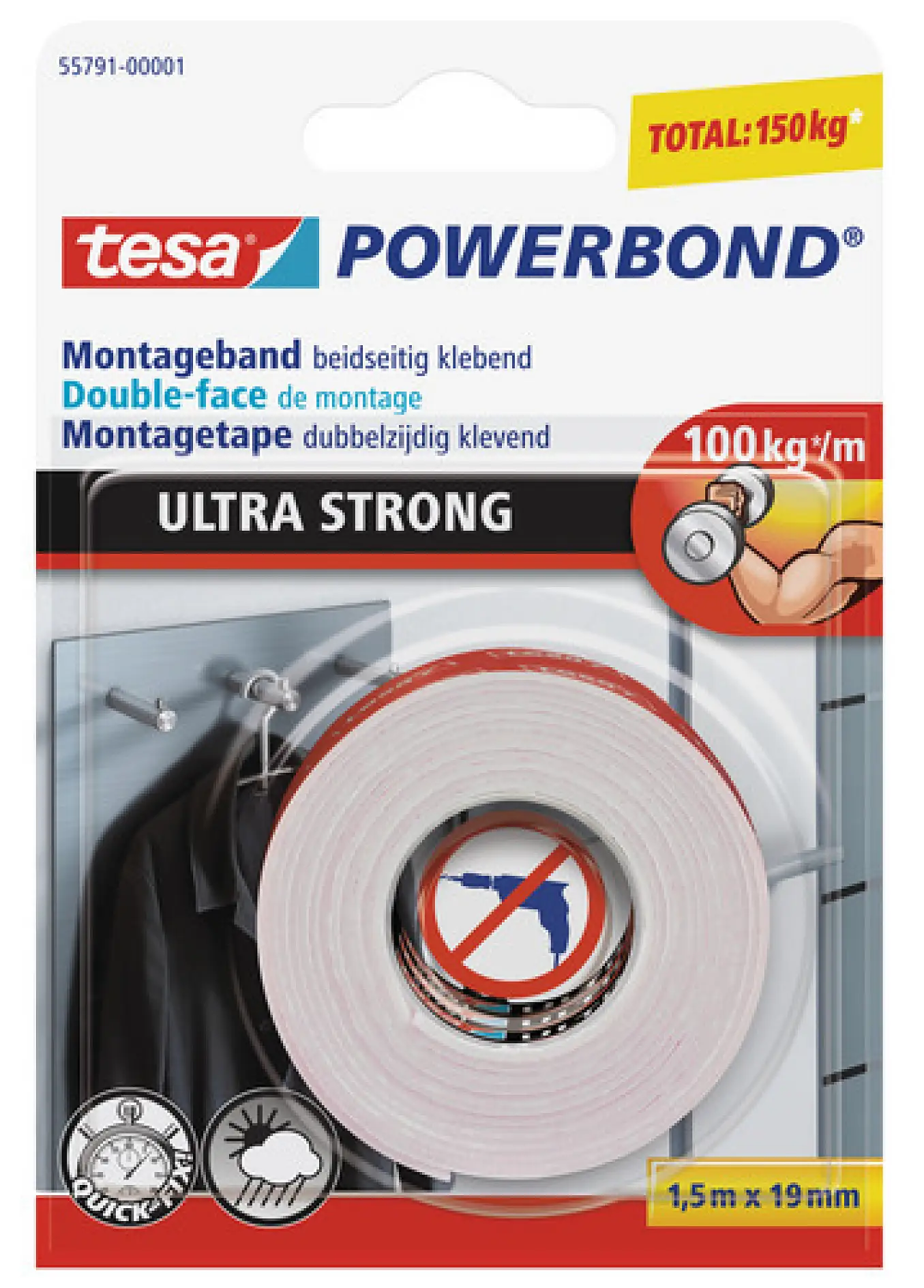 With tesa® Powerbond Ultra Strong you can hang heavy, flat objects without the need to drill or use any nails or screws. This double-sided mounting tape sticks perfectly onto firm, smooth surfaces including tiles, wood and most plastics.
It can hold objects with a thickness of up to 10 mm and a weight of up to 6 kg. In ideal conditions, a strip of just 10 cm is enough to hold a weight of up to 10 kg. Provided the tape isn't exposed to water or direct sunlight, it will give permanent, reliable ultra-strong bonding power.