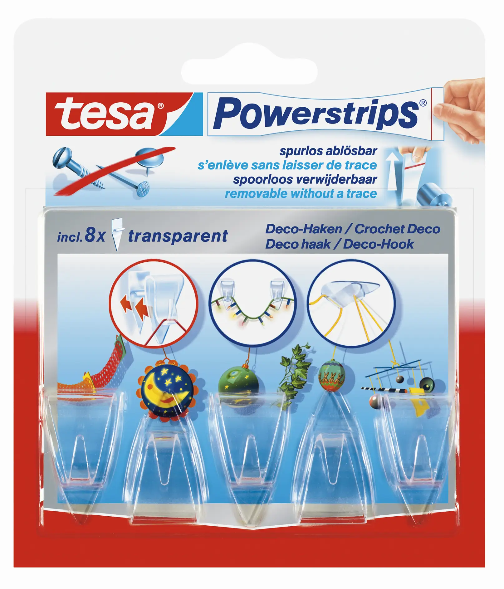 They steadily fix small decorative items, are almost invisible, can be removed without a trace and re-used with new tesa Powerstrips® DECO. Box with 5 hooks und 8 strips for 4.89 Euro.
