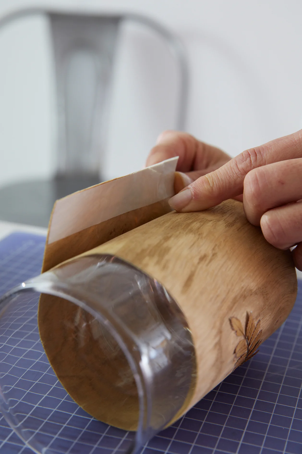 Wrap veneer around lantern and stick edges together.