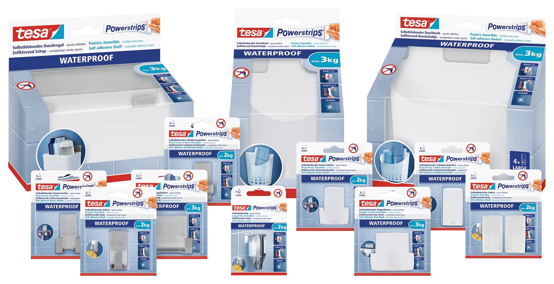 Viene esposto un assortimento di prodotti tesa Powerstrips. La confezione mostra prodotti adesivi impermeabili tesa tape con capacità di peso di 2 kg e 3 kg. Sono visibili varie dimensioni e forme, progettate per il montaggio in diversi ambienti. (This text has been generated by AI)