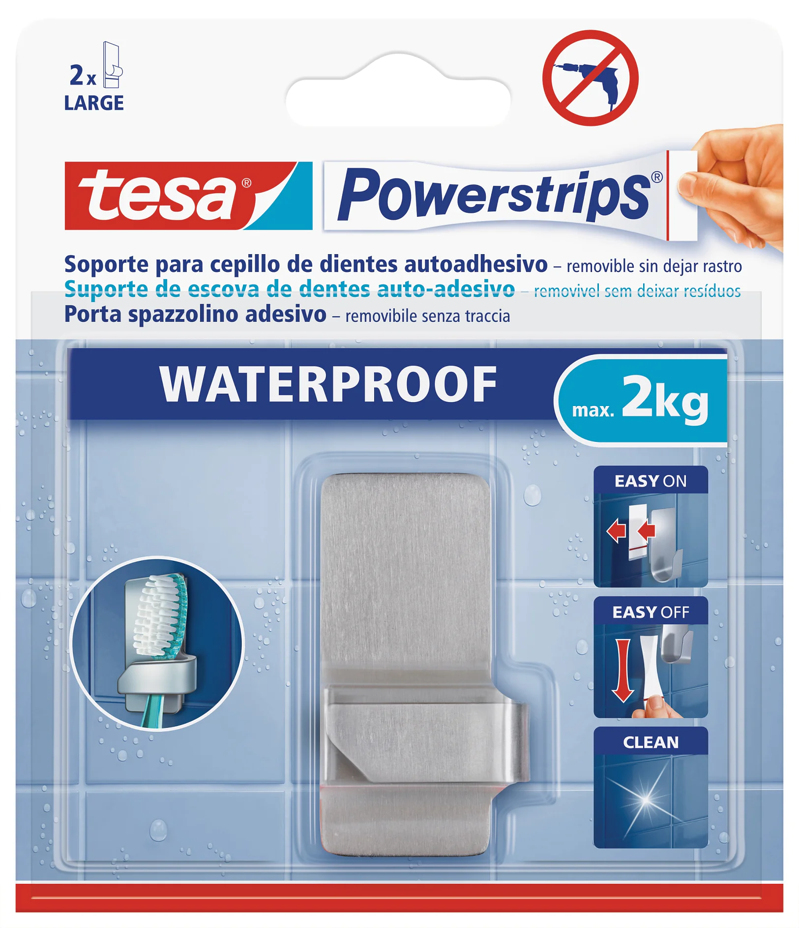 Confezione di tesa Powerstrips, con portaspazzolino. È etichettato come impermeabile, supporta fino a 2 kg ed è facile da applicare, rimuovere e pulire. La confezione include due grandi strisce di nastro tesa. Le istruzioni illustrate sono mostrate sul davanti. (This text has been generated by AI)