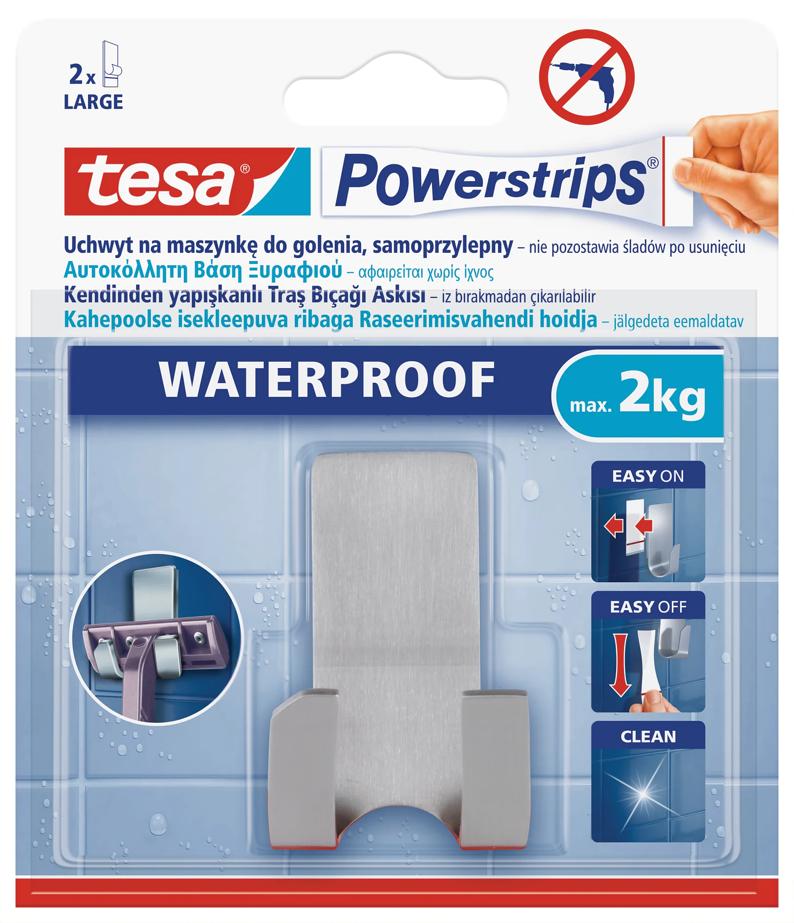 Imballaggio di tesa Powerstrips Waterproof, progettato per sostenere fino a 2 kg. La confezione mostra unimmagine del prodotto, istruzioni di installazione etichettate come Easy On e Easy Off e istruzioni per la pulizia. È visibile il testo in più lingue. (This text has been generated by AI)