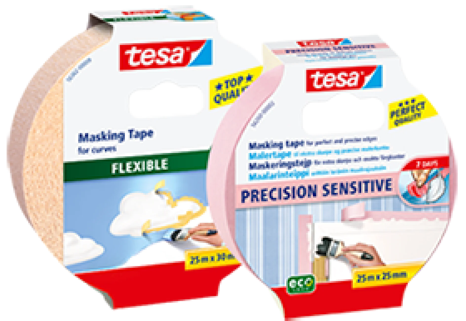 Sono mostrati due rotoli di nastro tesa. Quello a sinistra è etichettato Flexible Masking tesa Tape for curves e quello a destra Precision Sensitive Masking tesa Tape con eco quality. Entrambi mostrano illustrazioni di utilizzo. I prodotti hanno confezioni blu, bianche e rosse. (This text has been generated by AI)