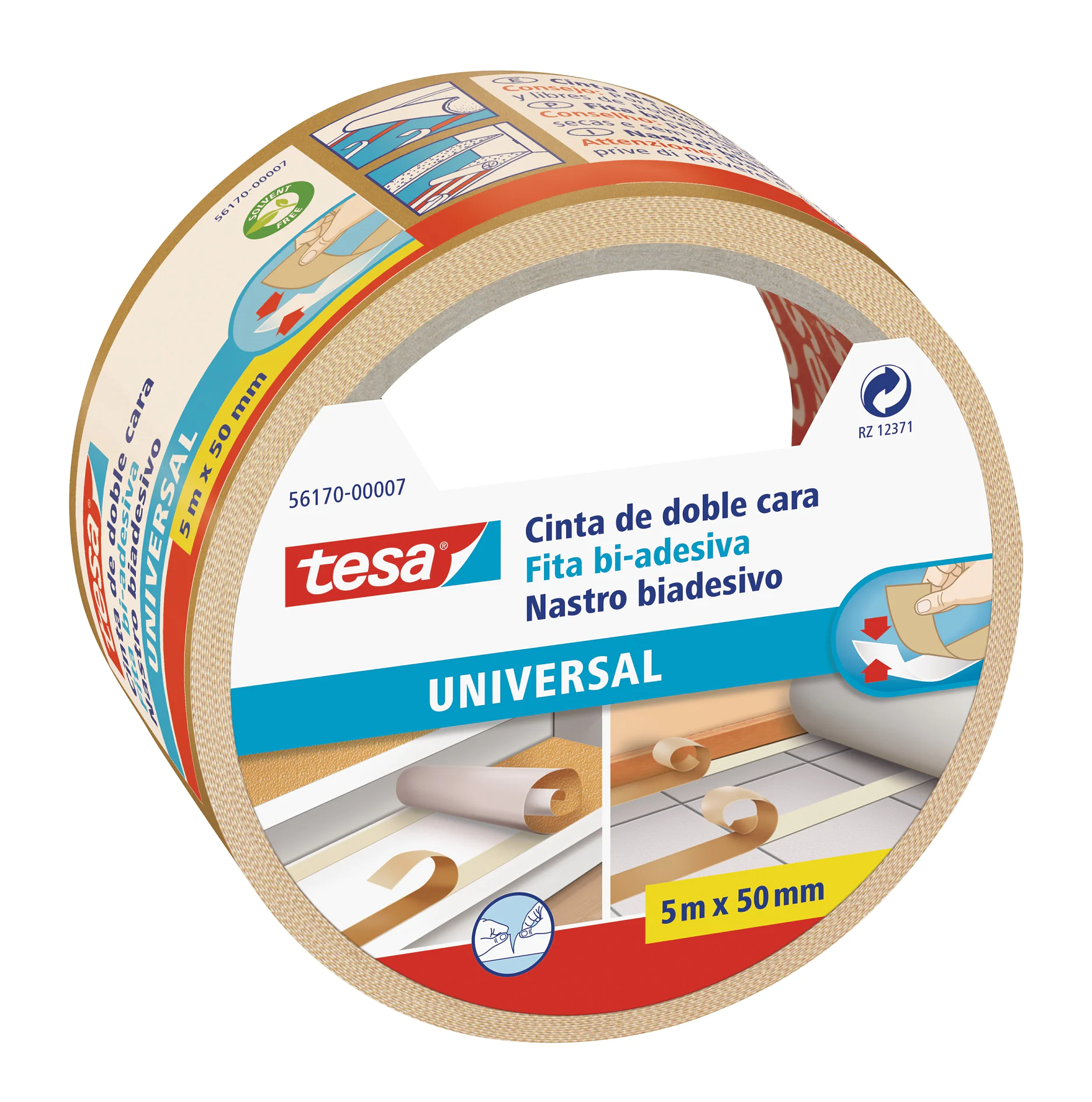 Viene esposto un rotolo di nastro biadesivo tesa tape, con letichetta in più lingue. Il nastro tesa è etichettato come universale e misura 5 metri per 50 millimetri. Le illustrazioni sulla confezione ne mostrano luso su varie superfici. (This text has been generated by AI)