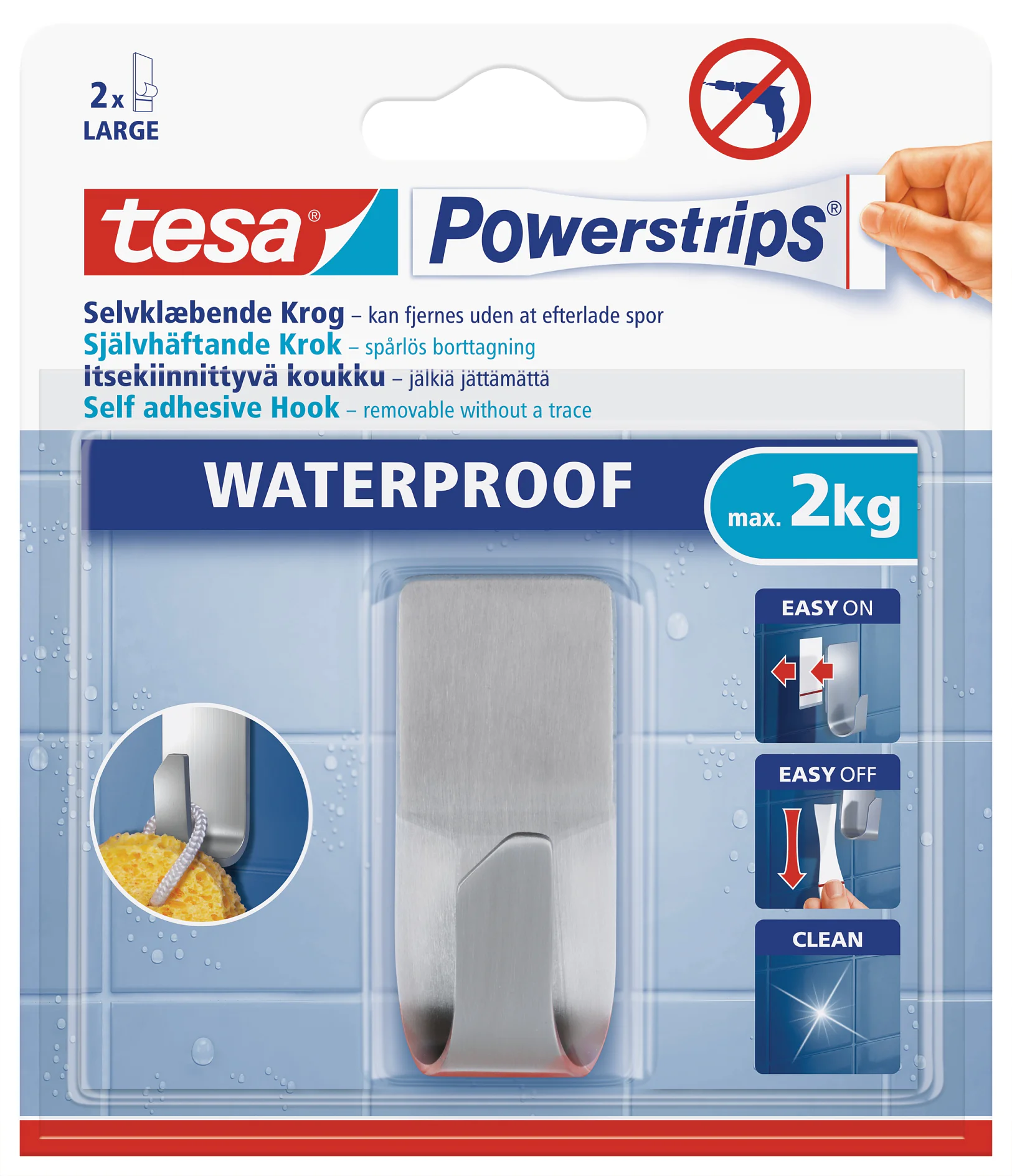 Confezione di Tesa Powerstrips Waterproof, con gancio autoadesivo che regge fino a 2 kg. Le istruzioni mostrano i semplici passaggi di utilizzo e pulizia. Il testo è in più lingue, con unimmagine prominente del gancio sulla parte anteriore. (This text has been generated by AI)