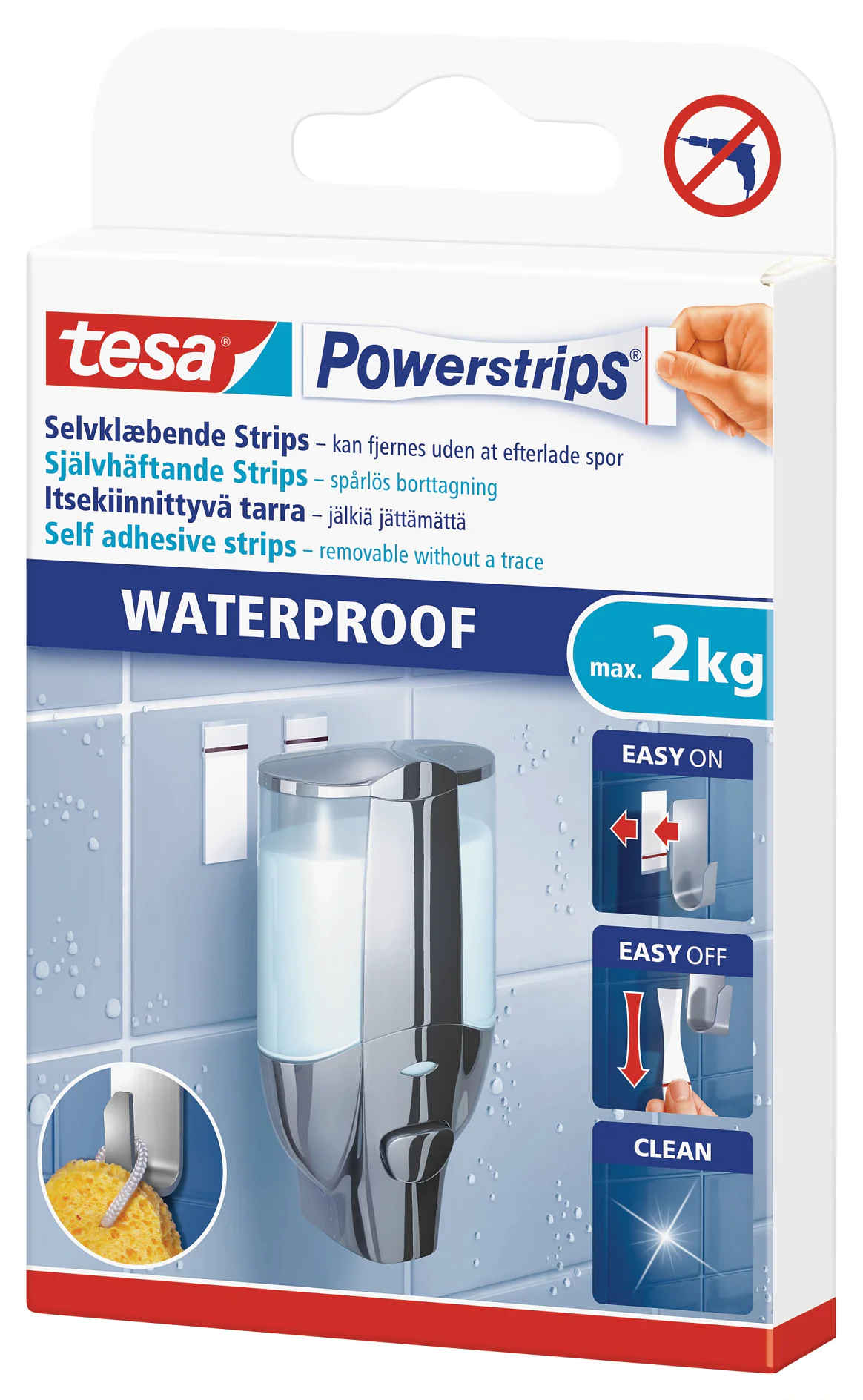 Limmagine mostra la confezione delle tesa Powerstrips, in particolare strisce autoadesive impermeabili con un peso massimo supportato di 2 kg. La scatola mostra le istruzioni di installazione etichettate easy on, easy off e clean. (This text has been generated by AI)